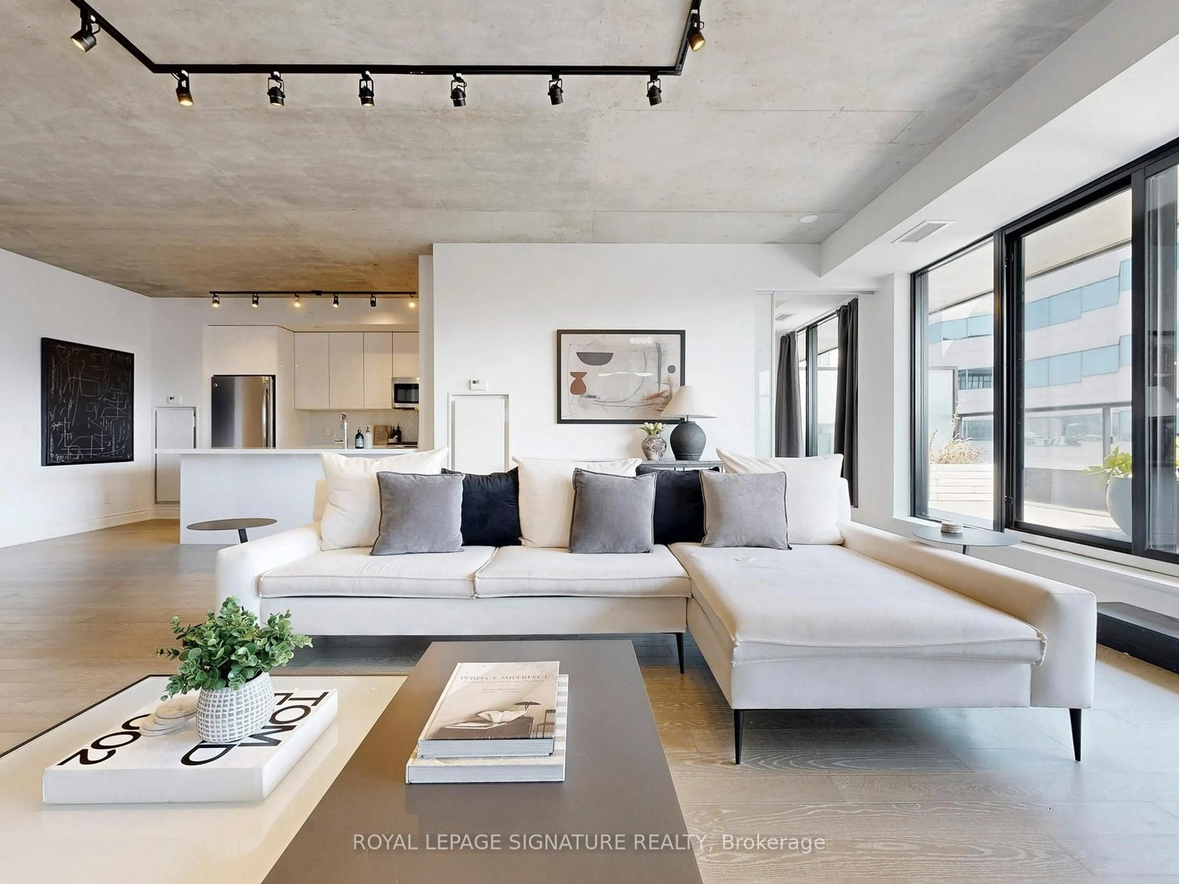 Living room with furniture, cement floor for 608 Richmond St #1105, Toronto Ontario M5V 0N9