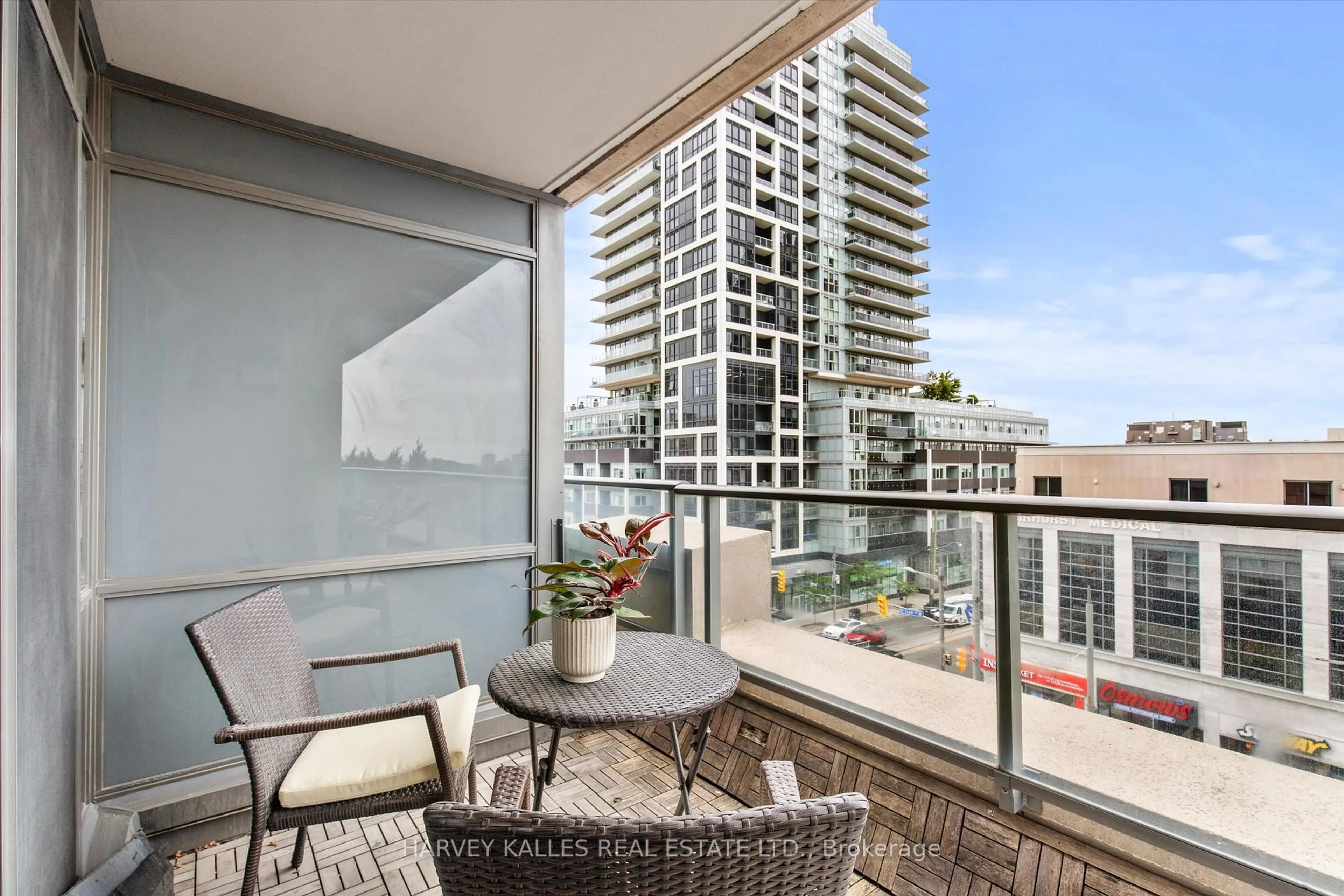Balcony in the apartment, city buildings view from balcony for 500 St Clair Ave #408, Toronto Ontario M6C 1A8