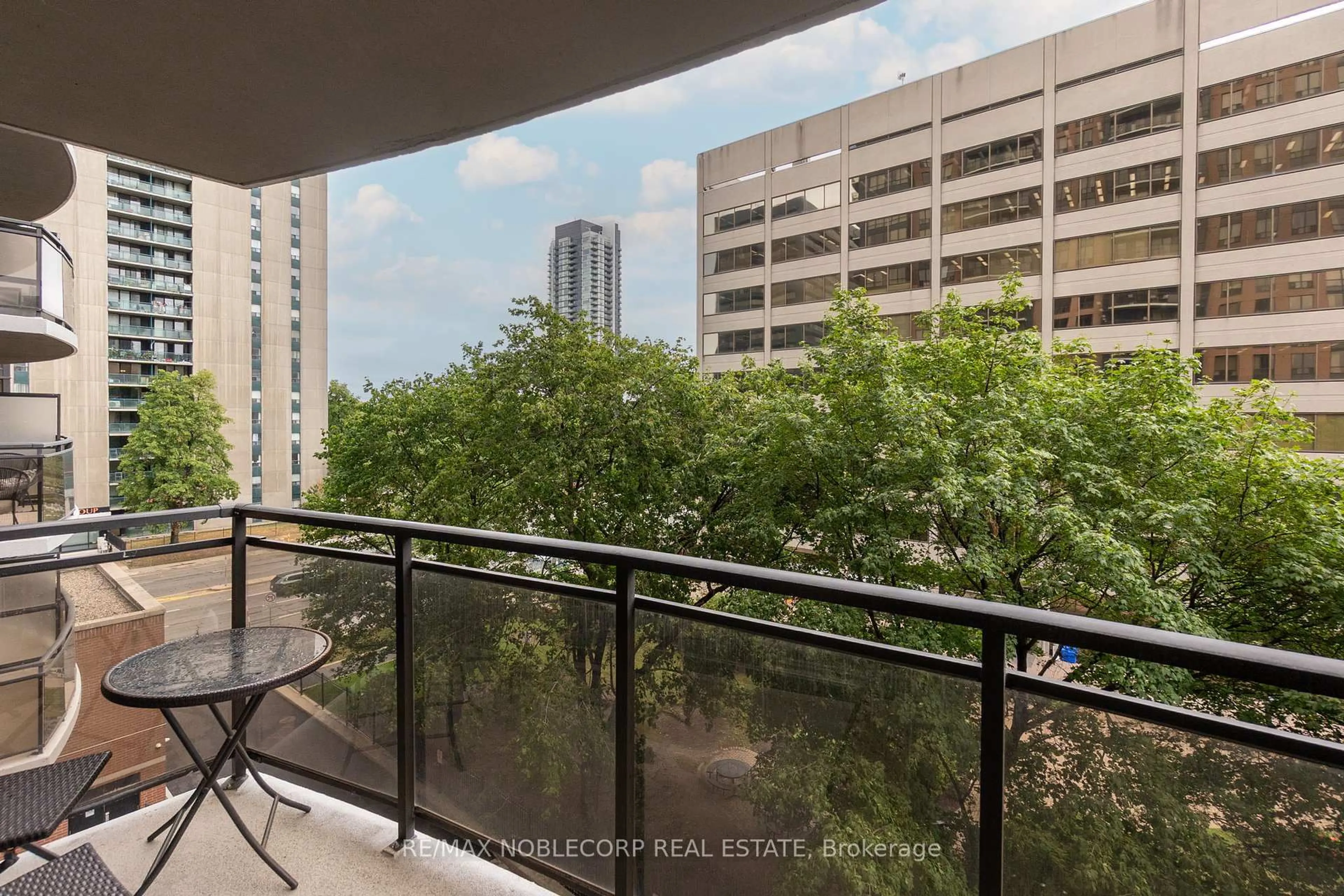 Balcony in the apartment, city buildings view from balcony for 33 Sheppard Ave #500, Toronto Ontario M2N 7K1
