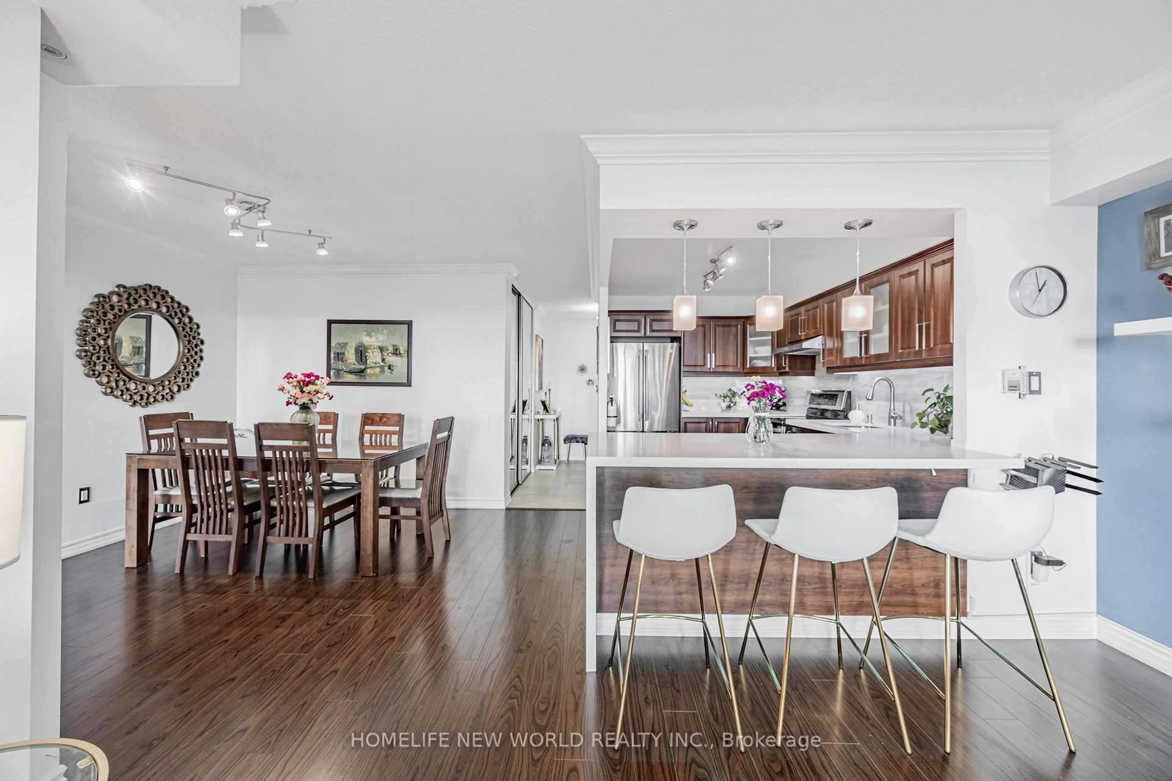 Open concept kitchen, wood/laminate floor for 3300 Don Mills Rd #708, Toronto Ontario M2J 4X7