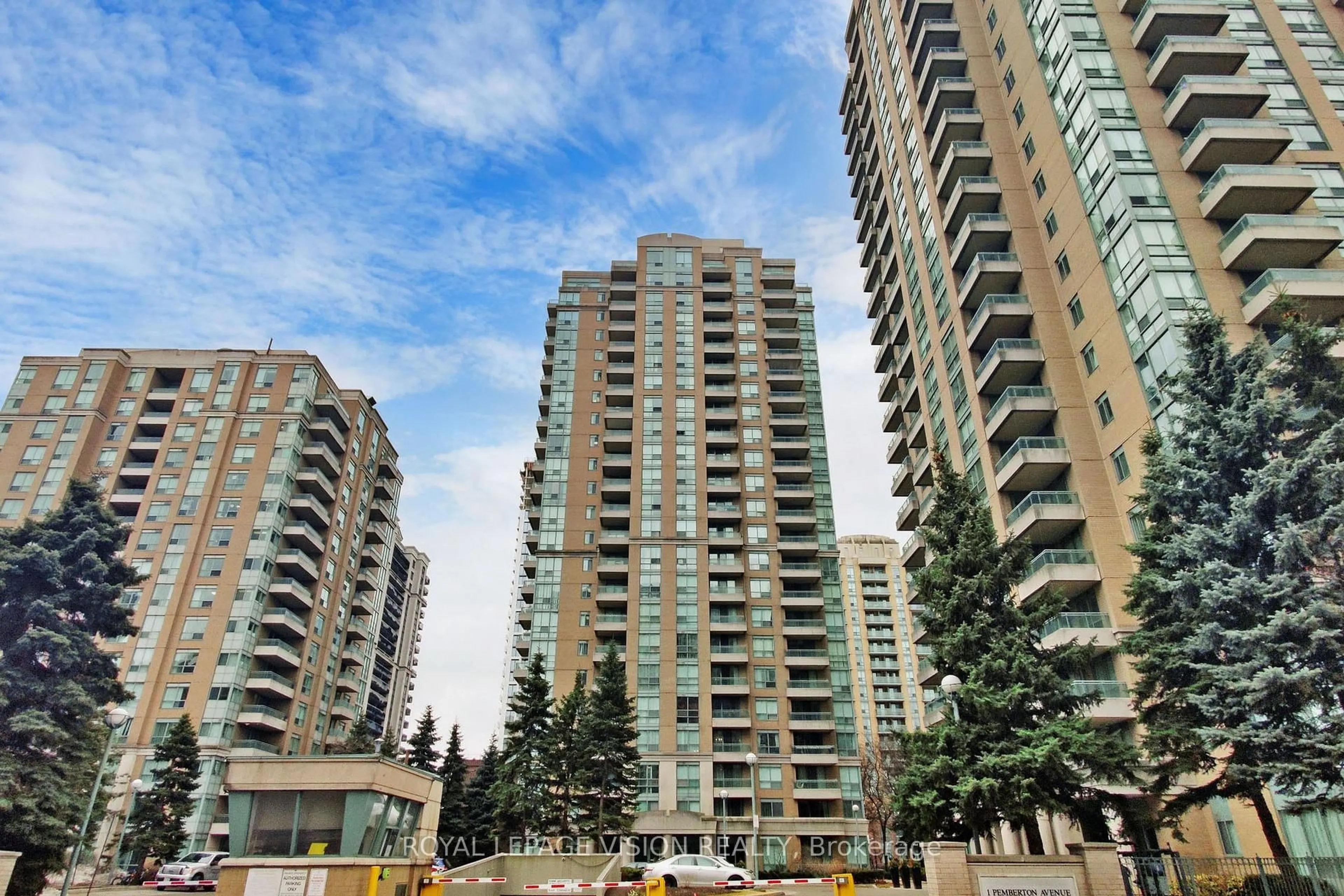 Patio, city buildings view from balcony for 3 Pemberton Ave #1905, Toronto Ontario M2M 4M1