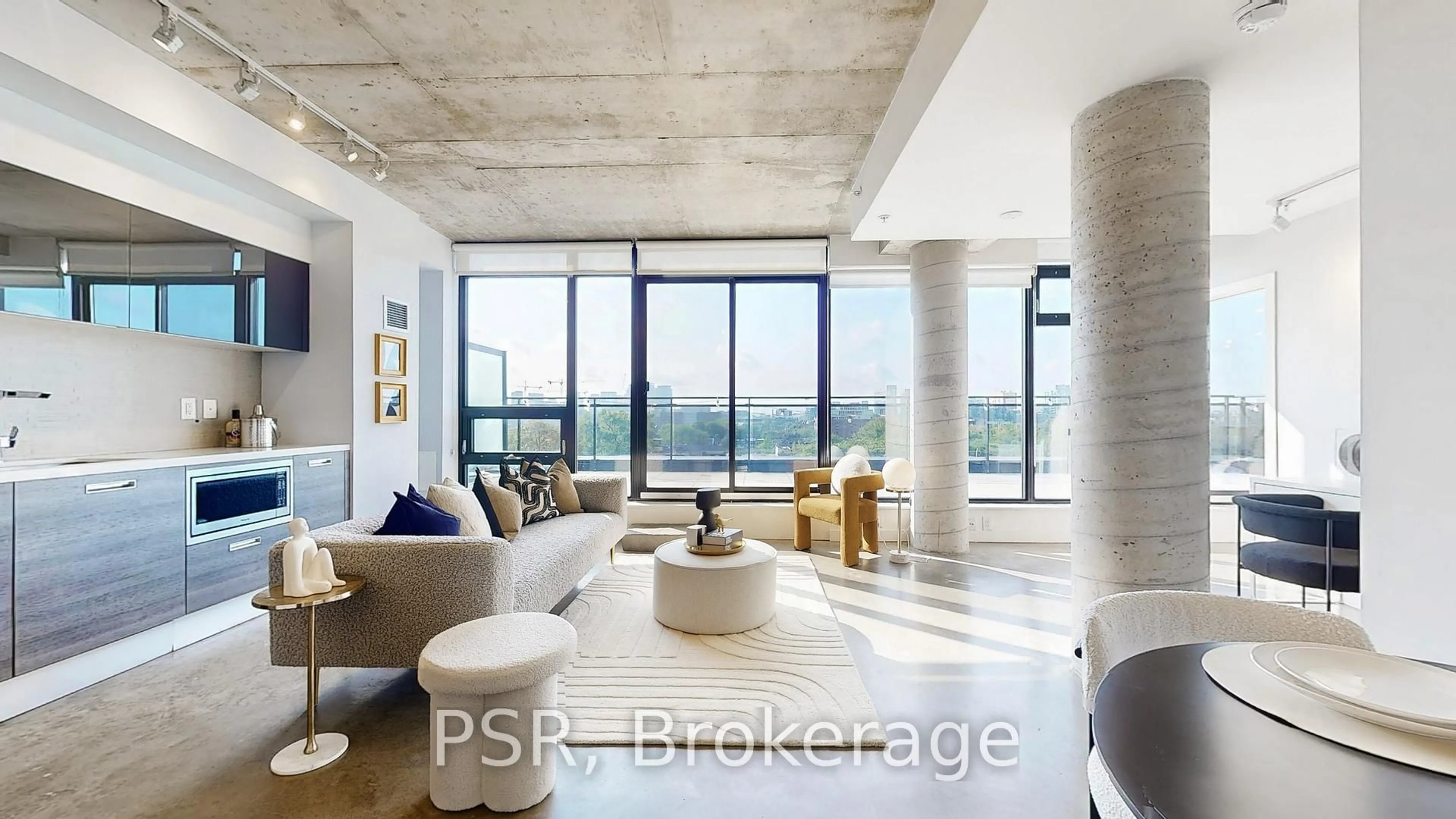 Living room with furniture, cement floor for 1239 Dundas St #602, Toronto Ontario M6J 0E8