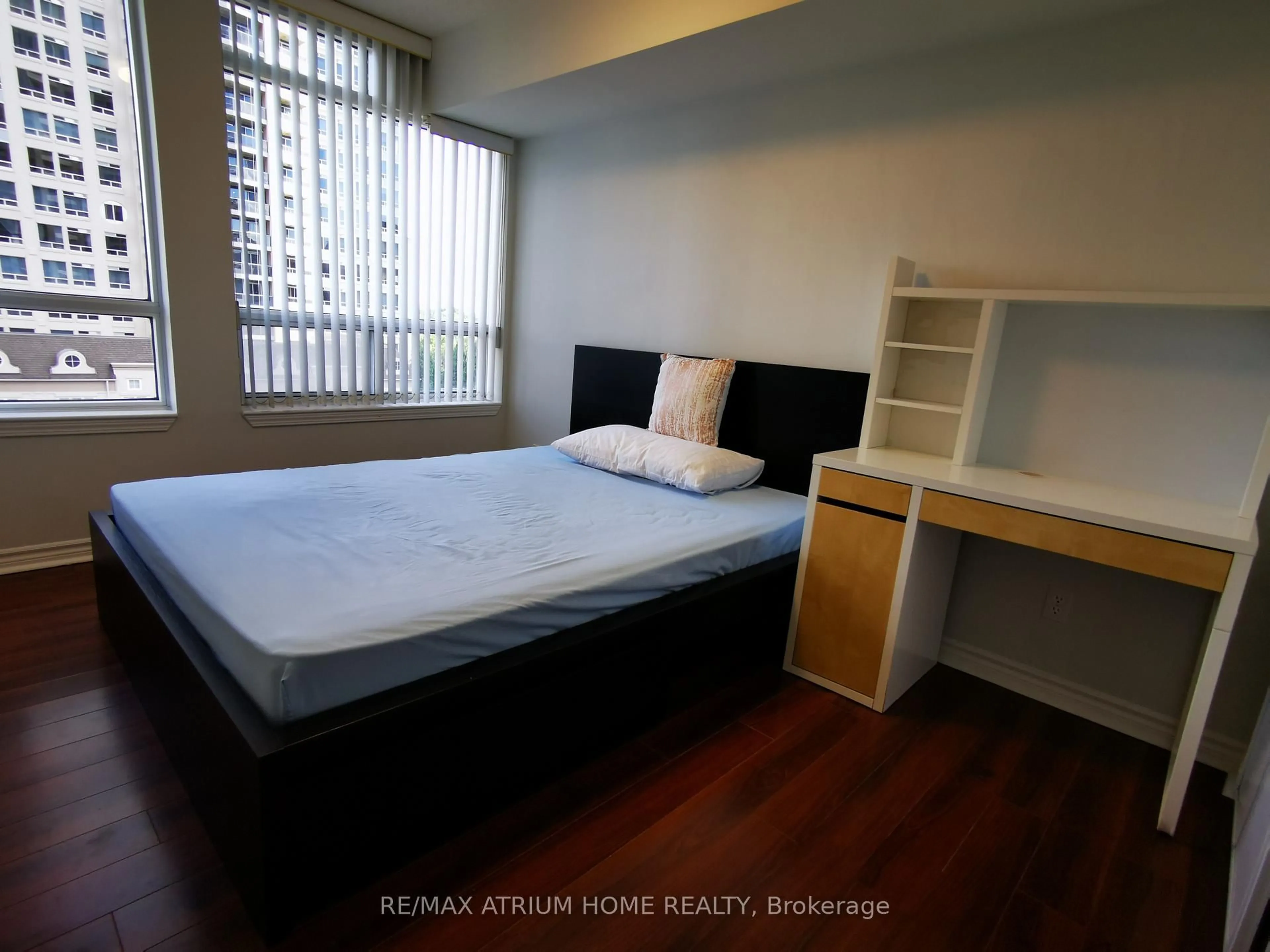 Bedroom with bed, wood/laminate floor for 2 Rean Dr #608, Toronto Ontario M2K 3B8