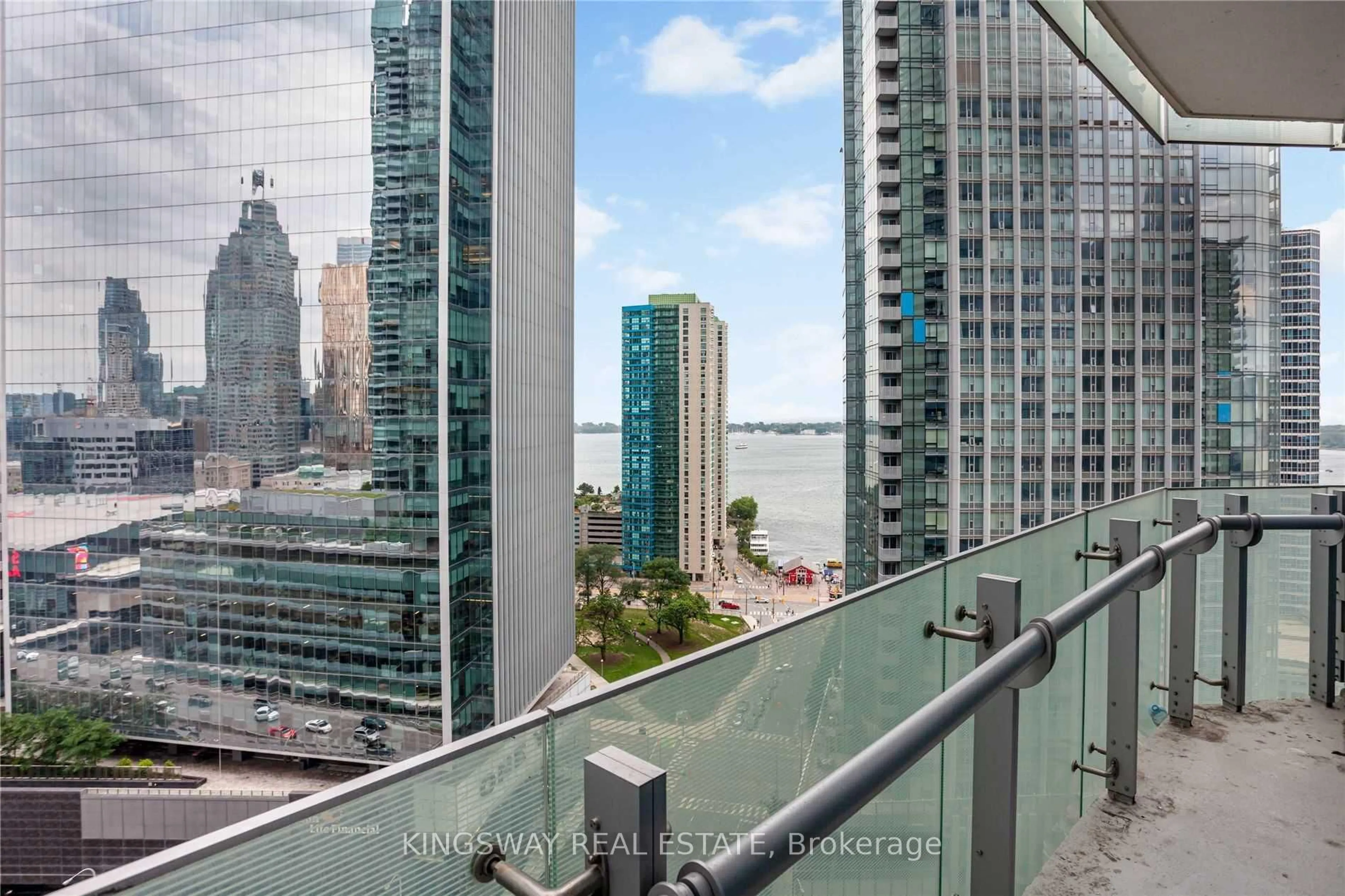 Balcony in the apartment, city buildings view from balcony for 14 York St #1802, Toronto Ontario M5J 2Z2