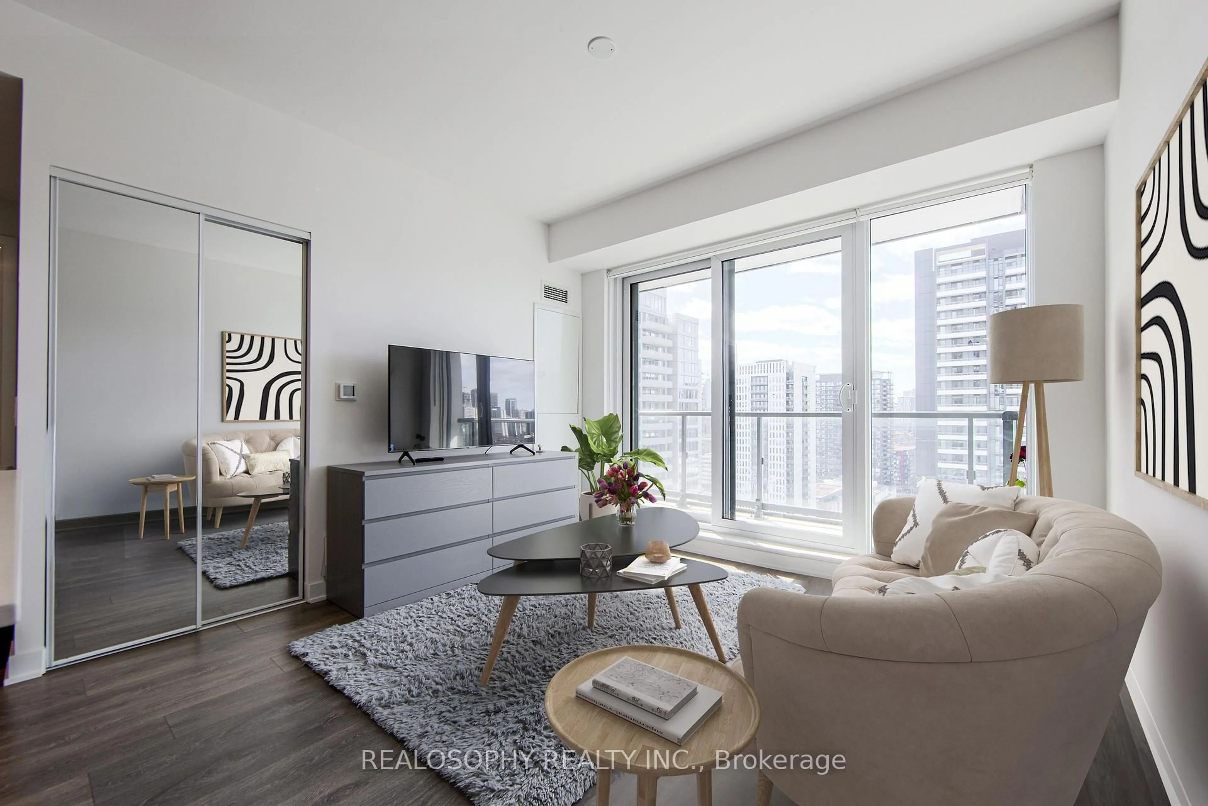 Living room with furniture, wood/laminate floor for 130 River St #1905, Toronto Ontario M5A 0R8