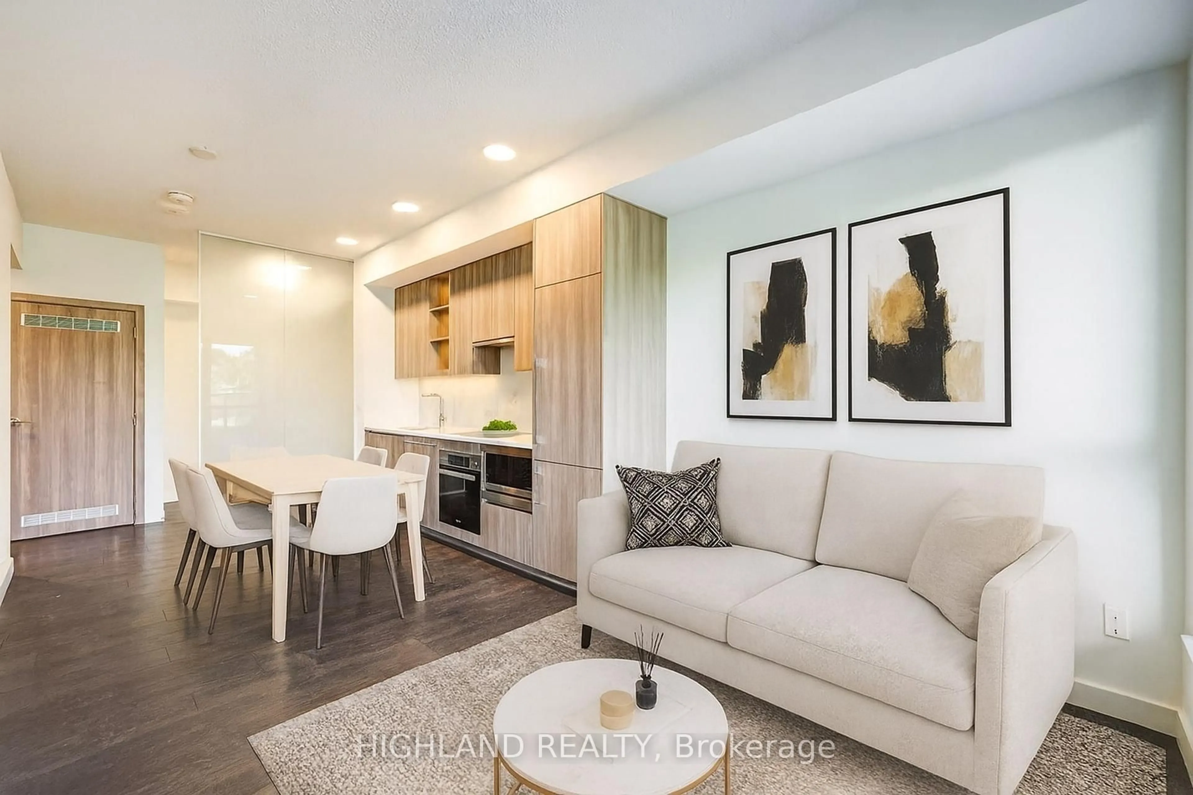 Living room with furniture, wood/laminate floor for 25 McMahon Dr #608, Toronto Ontario M2K 0J1