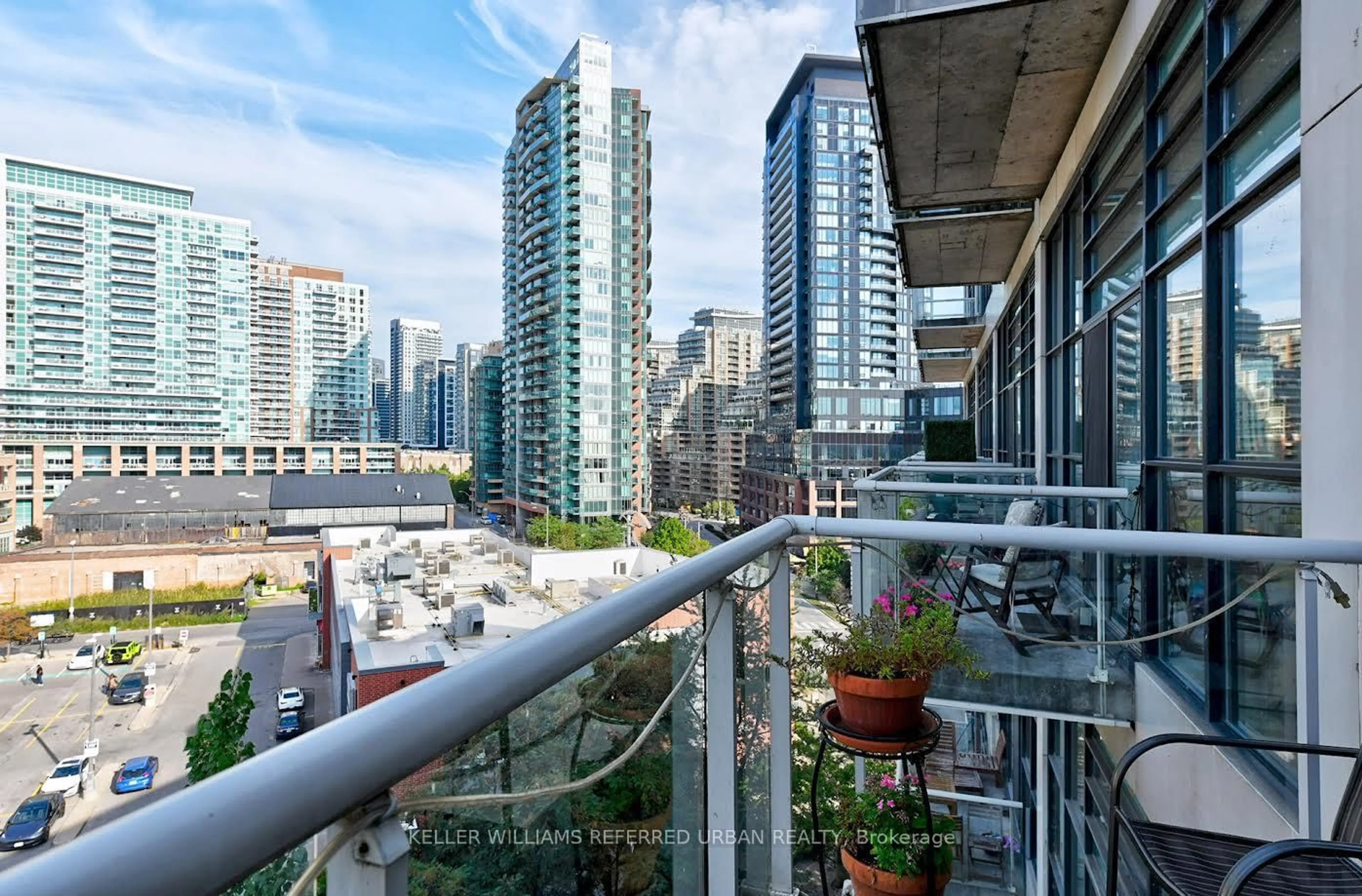 Balcony in the apartment, city buildings view from balcony for 43 Hanna Ave #608, Toronto Ontario M6K 1X1