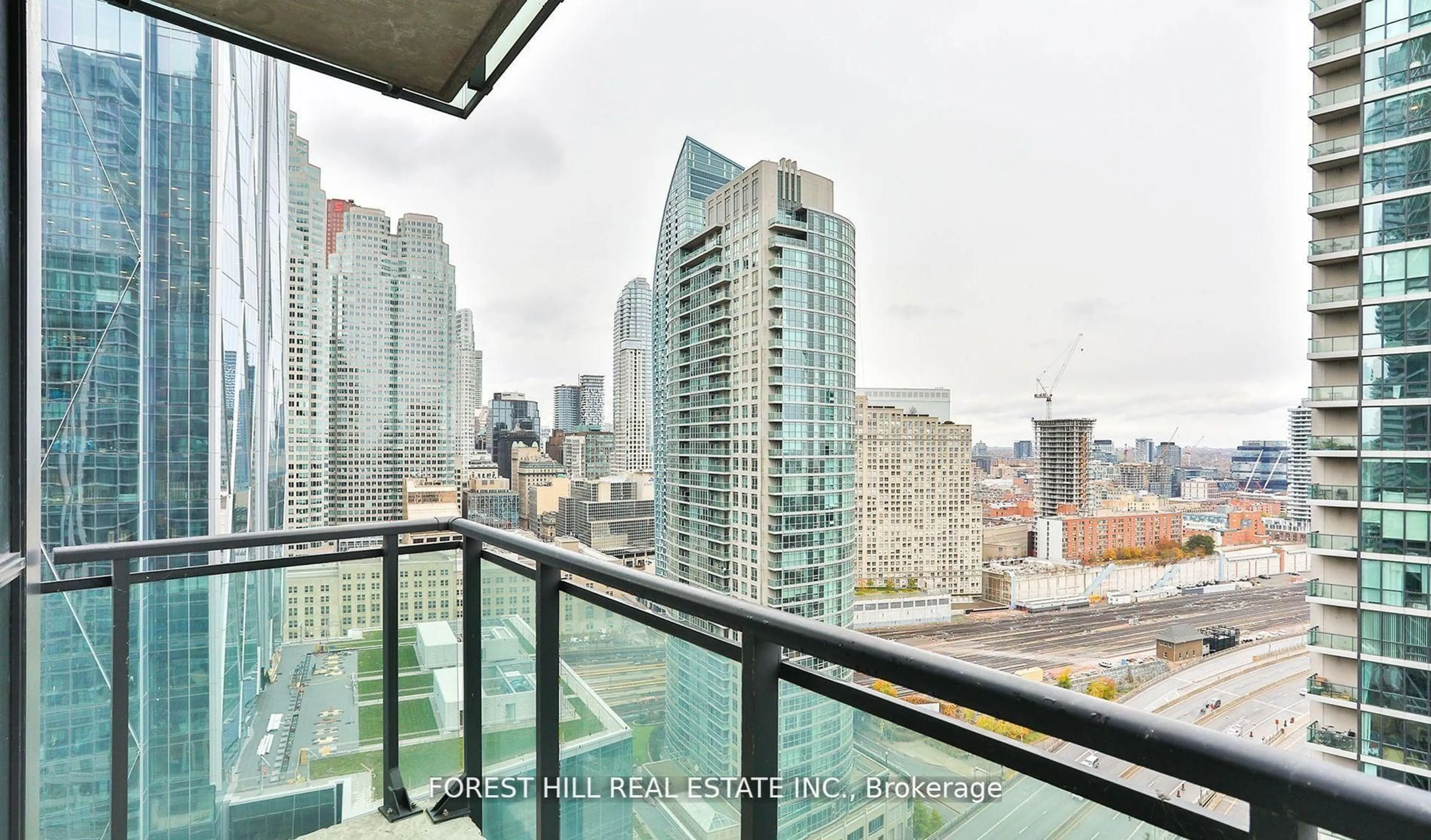 Balcony in the apartment, city buildings view from balcony for 18 Harbour St #2605, Toronto Ontario M5J 2Z6