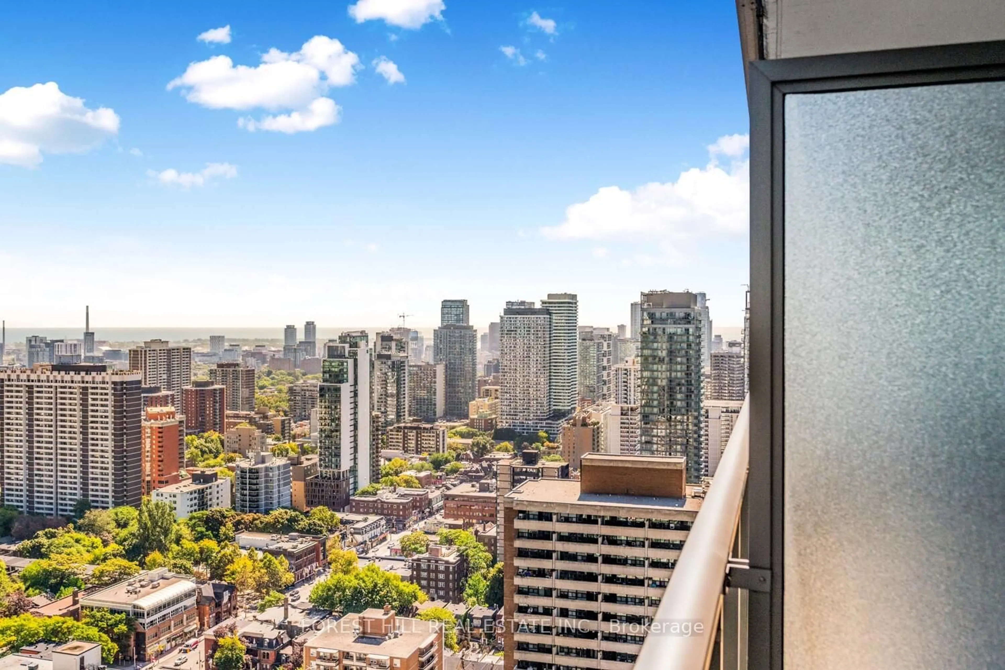 Balcony in the apartment, city buildings view from balcony for 33 Charles St #3210, Toronto Ontario M4Y 1R9