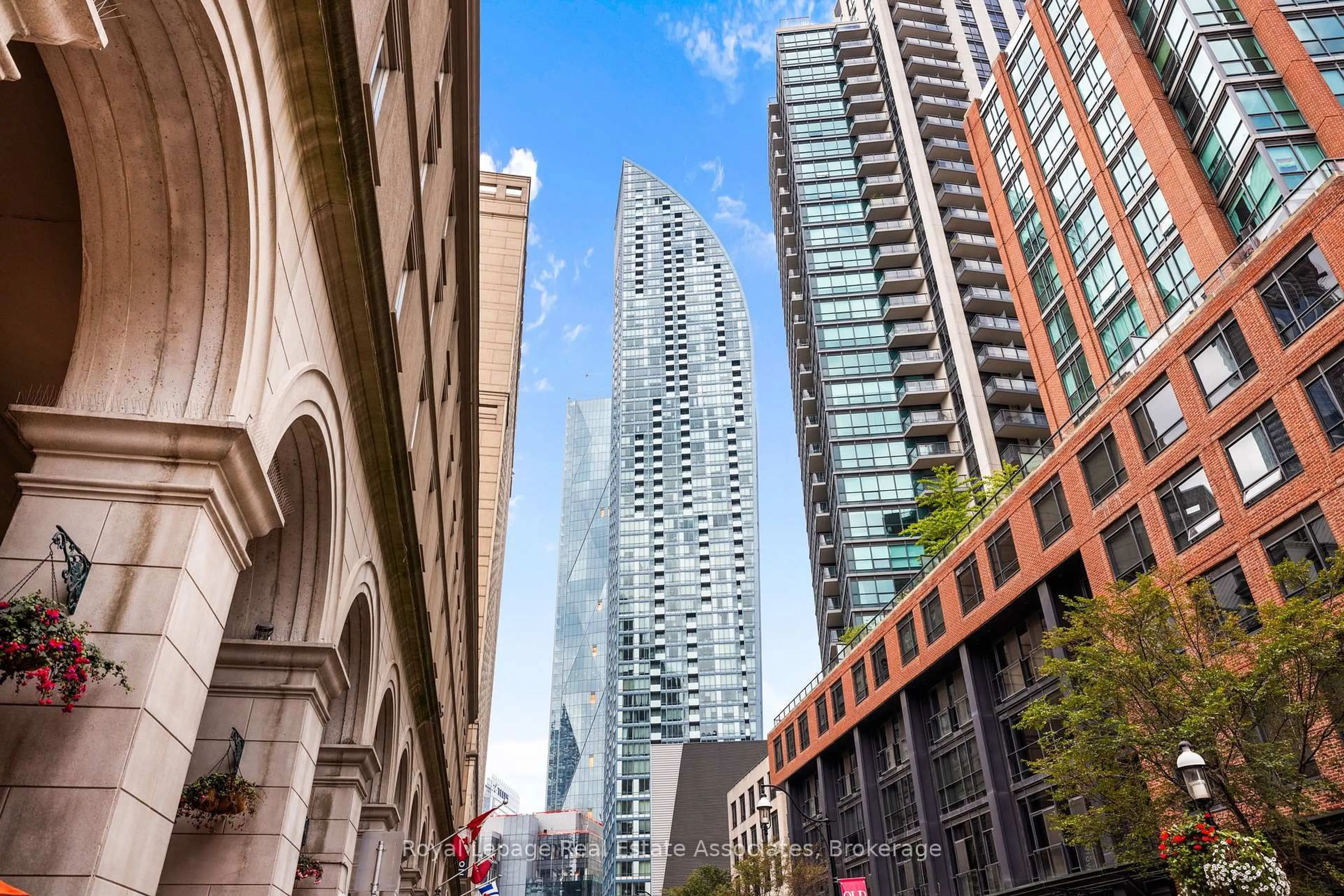 Patio, city buildings view from balcony for 8 The Esplanade #507, Toronto Ontario M5E 0A6