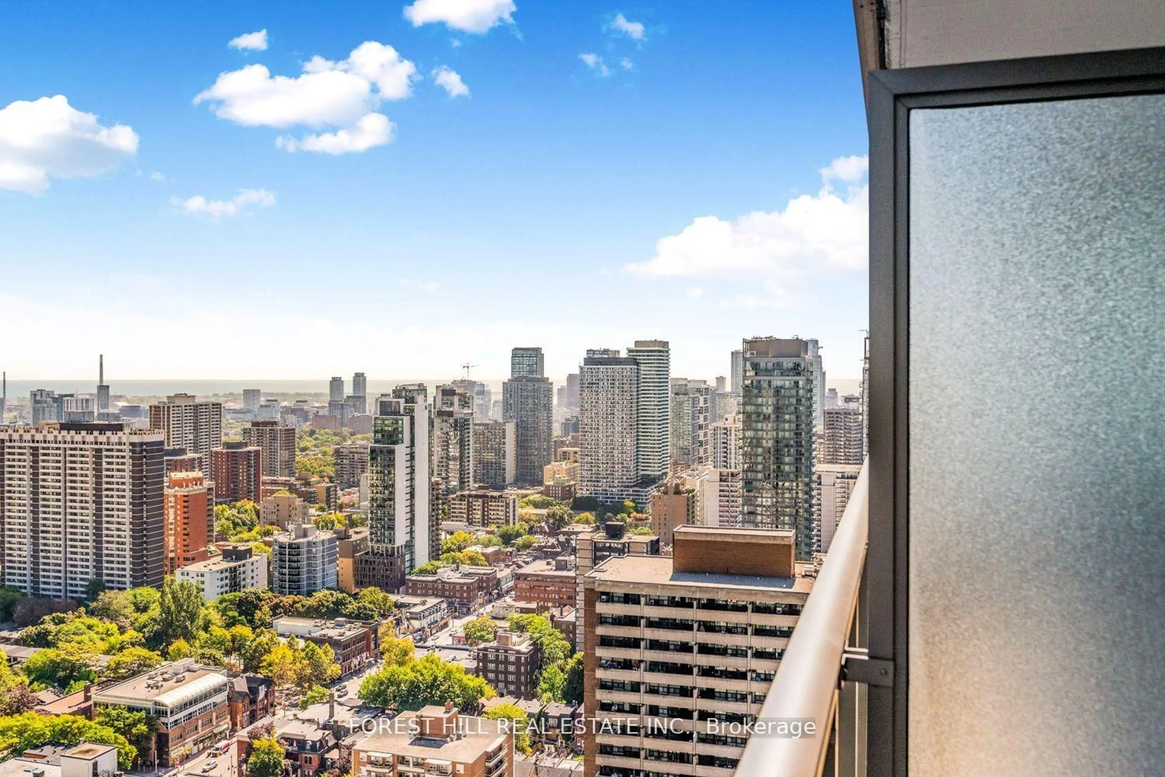 Balcony in the apartment, city buildings view from balcony for 33 Charles St #3210, Toronto Ontario M4Y 1R9