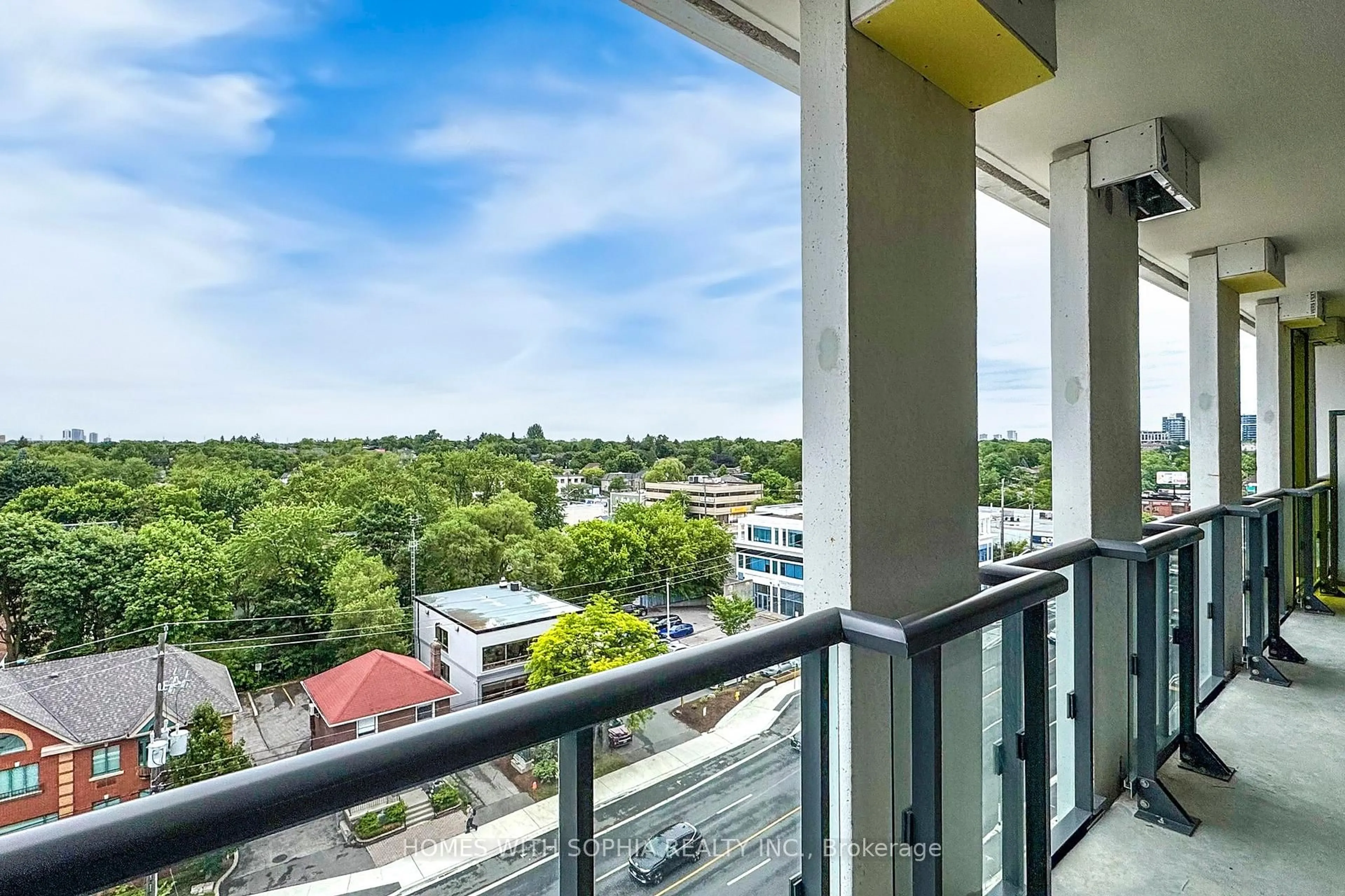 Balcony in the apartment, city buildings view from balcony for 181 Sheppard Ave #713, Toronto Ontario M2N 0L9