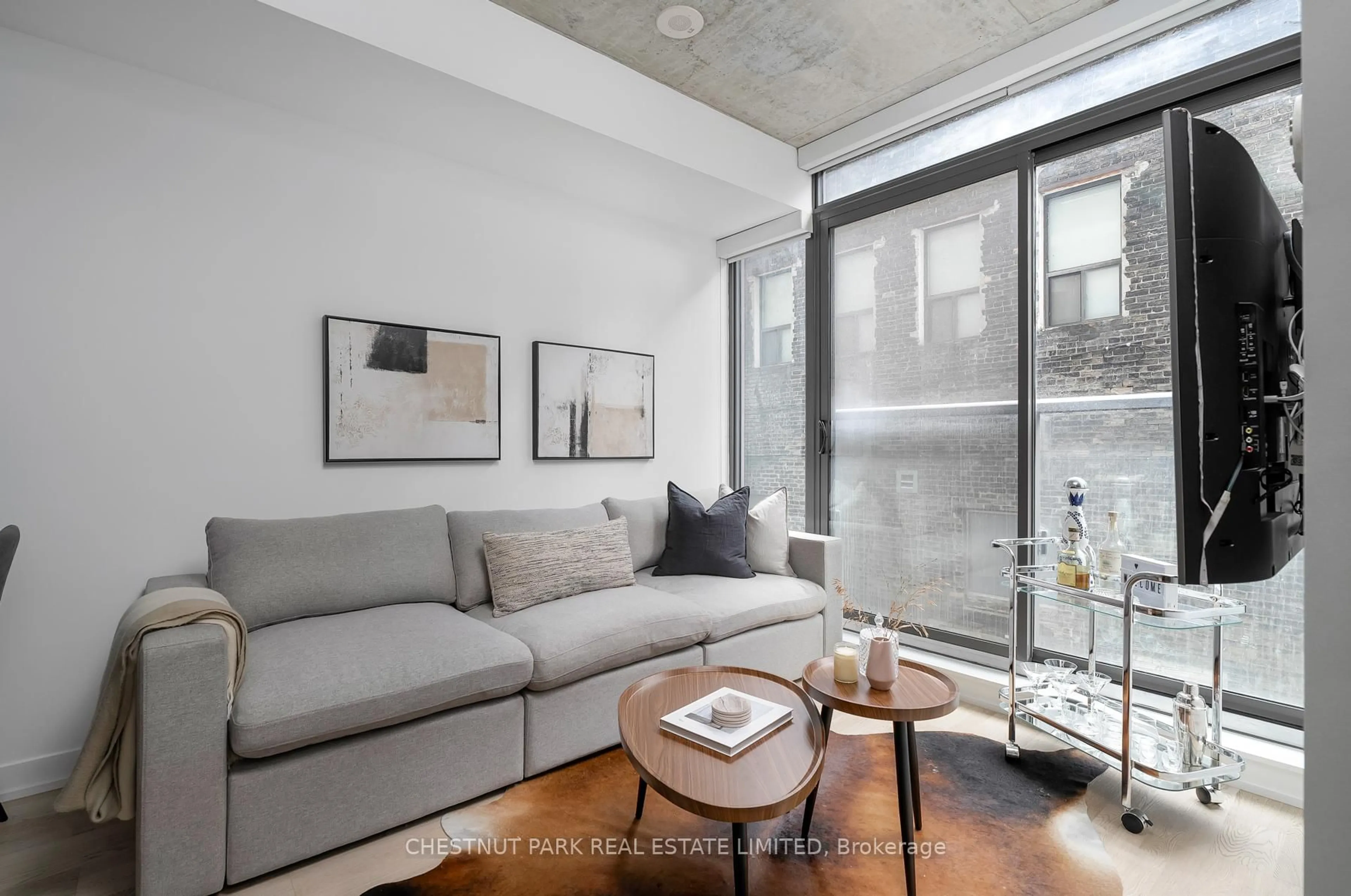 Living room with furniture, cement floor for 461 Adelaide St #230, Toronto Ontario M5V 0L6