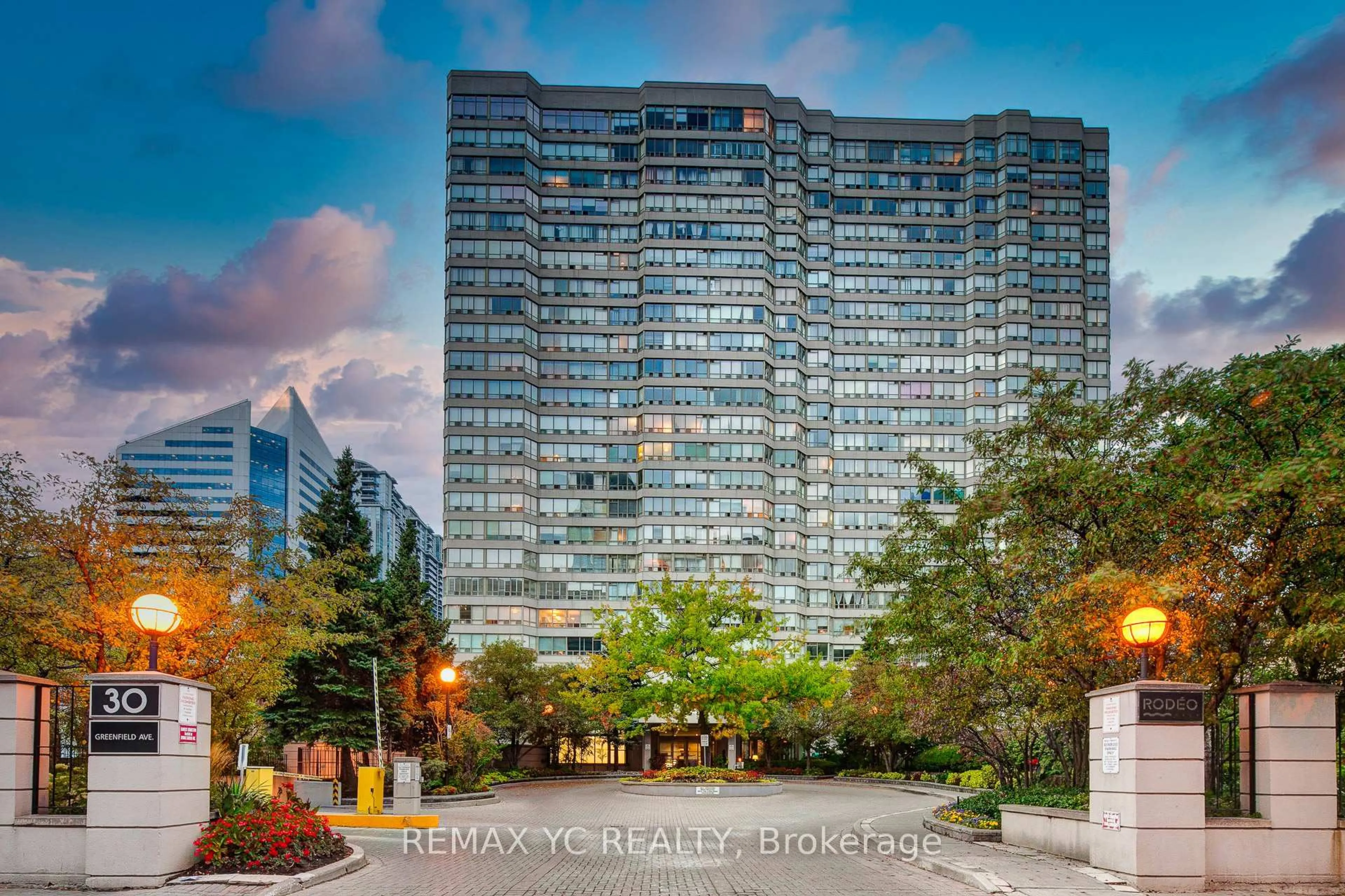 Patio, city buildings view from balcony for 30 Greenfield Ave #614, Toronto Ontario M2N 6N3