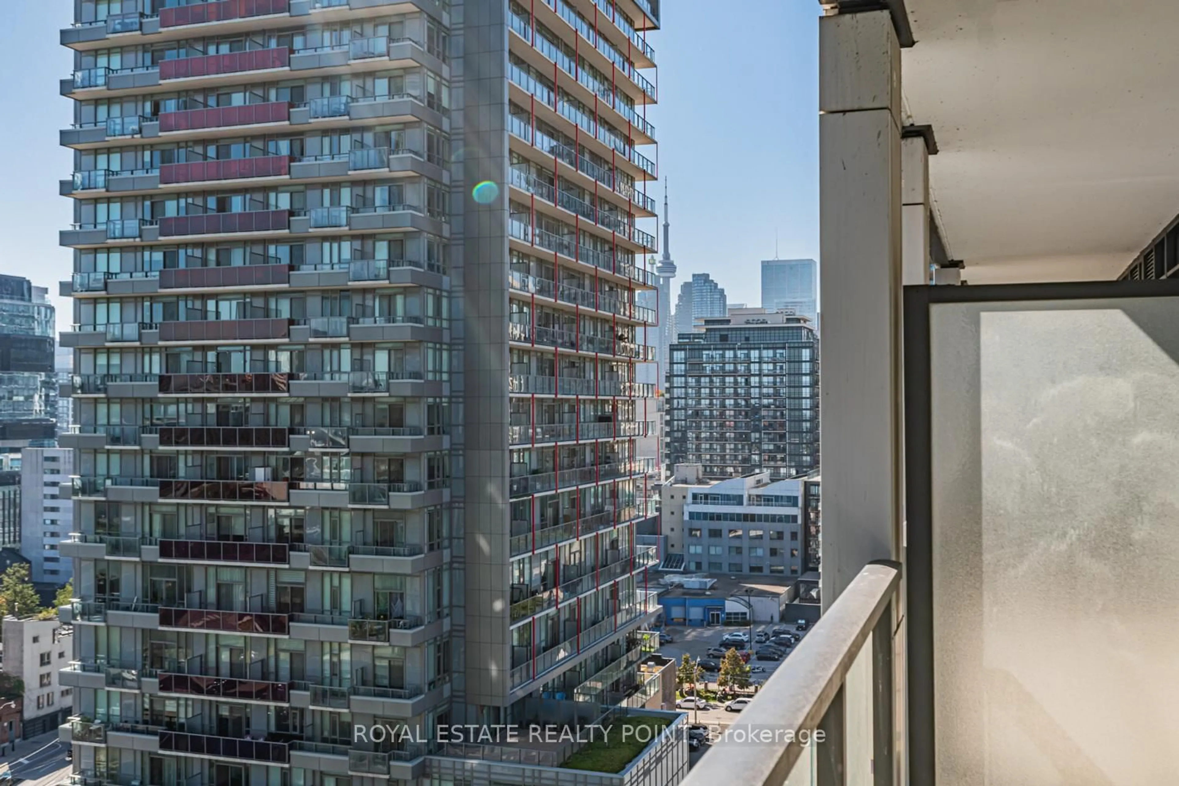 Balcony in the apartment, city buildings view from balcony for 50 Power St #1321, Toronto Ontario M5A 0V3