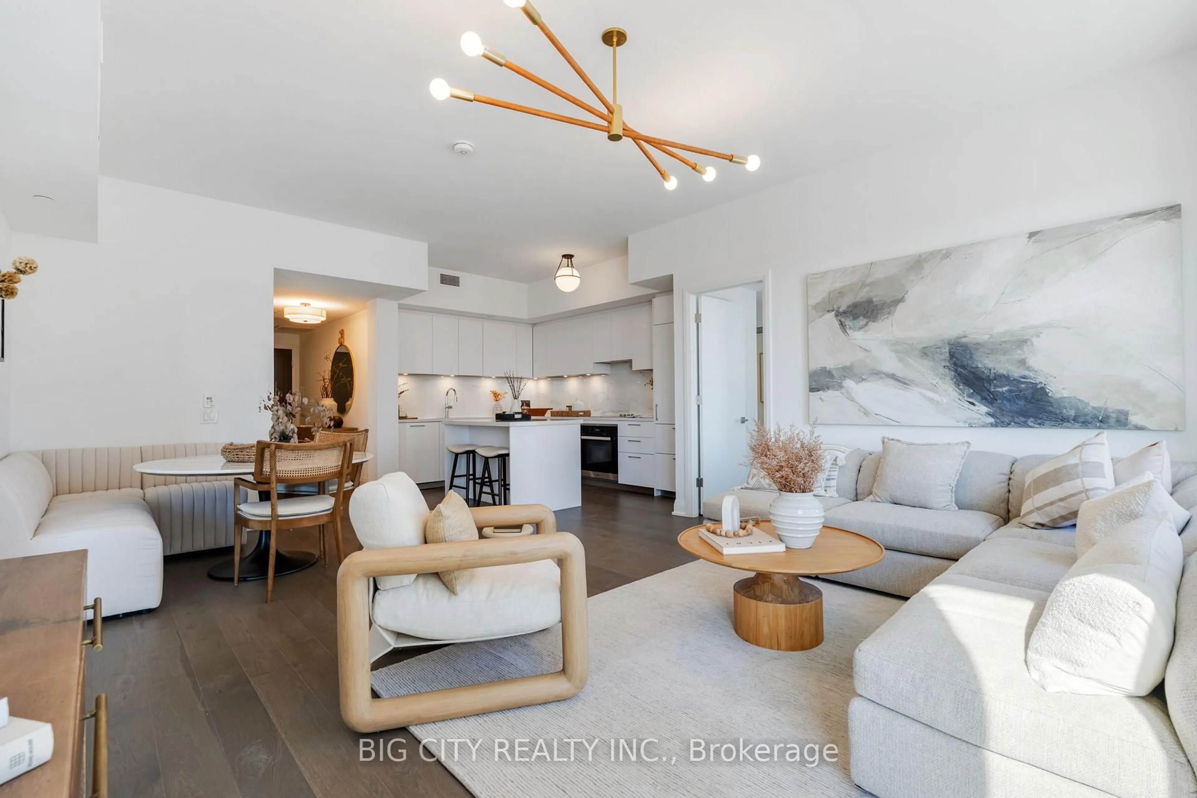 Living room with furniture, wood/laminate floor for 33 Frederick Todd Way #1110, Toronto Ontario M4G 0C9