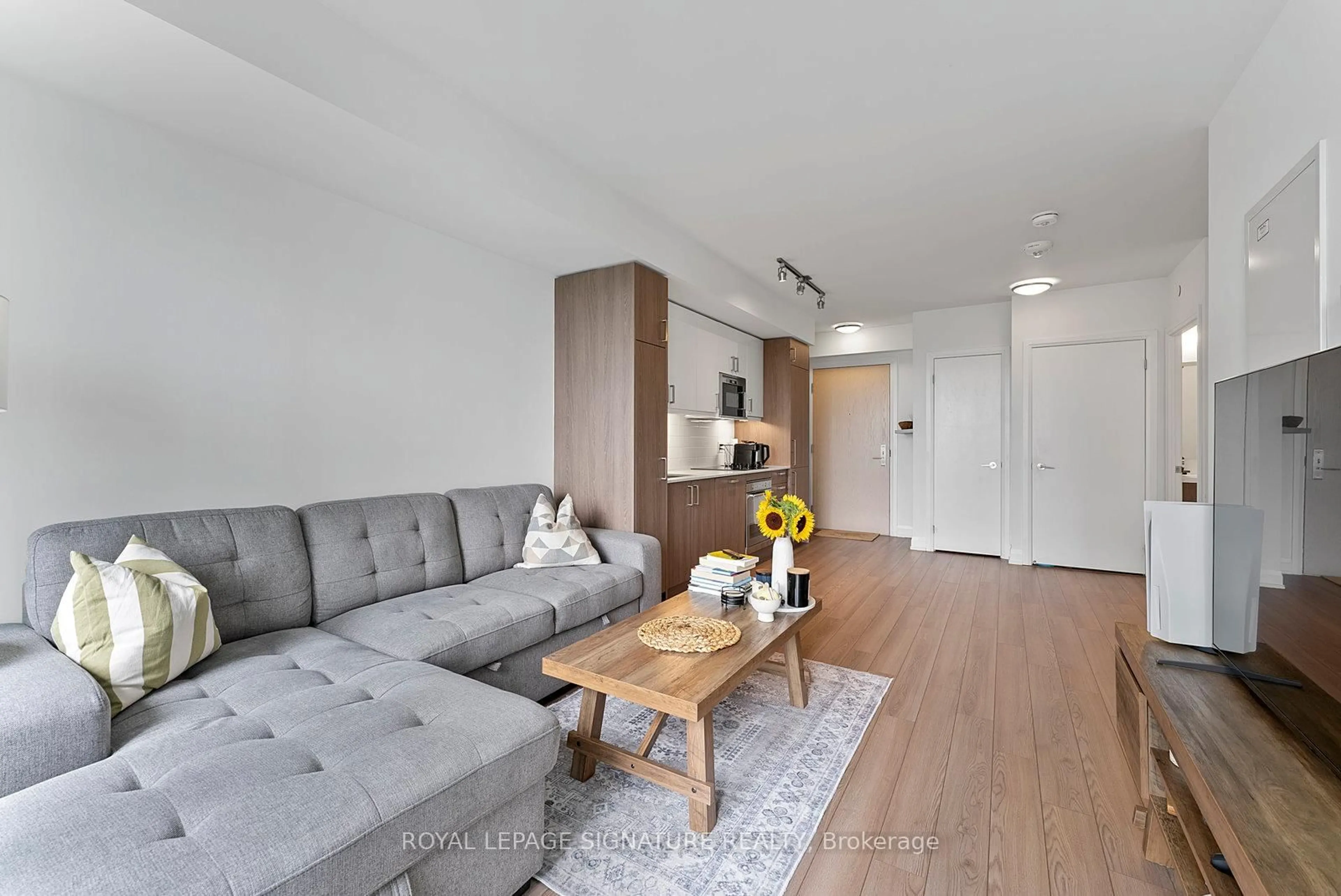 Living room with furniture, wood/laminate floor for 77 Mutual St #2501, Toronto Ontario M5B 2A9