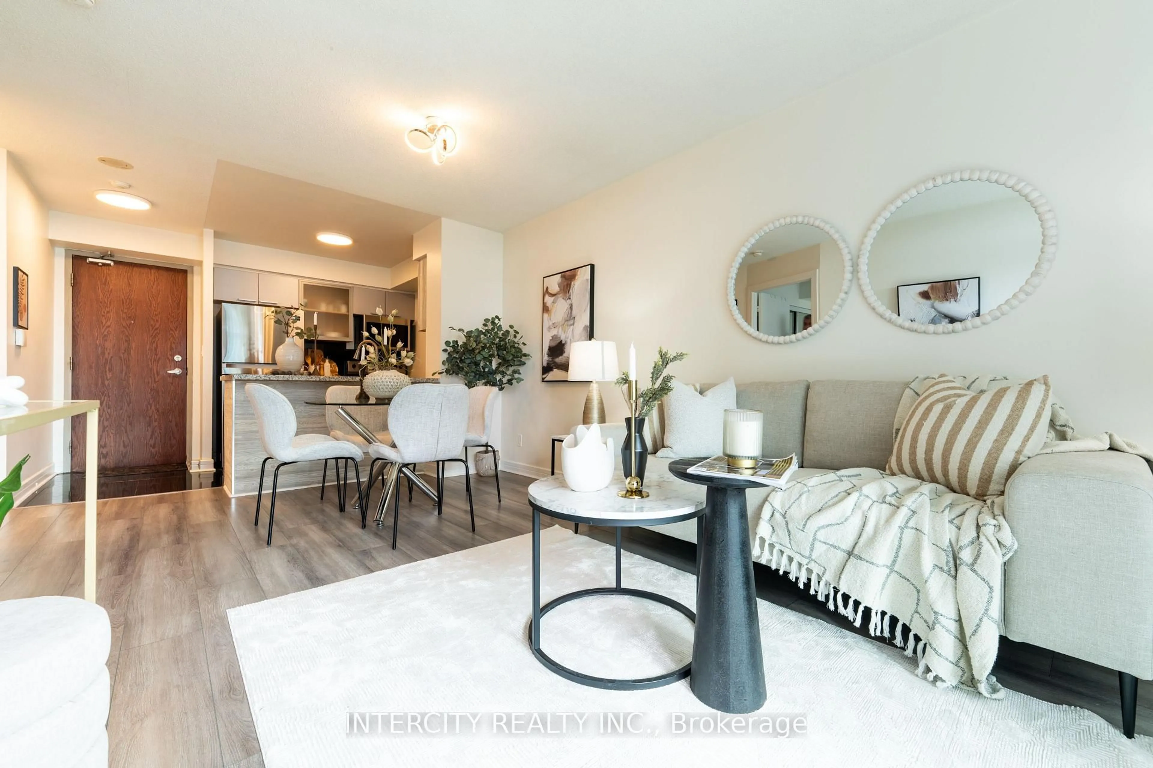Living room with furniture, wood/laminate floor for 16 Harrison Garden Blvd #1706, Toronto Ontario M2N 7J6