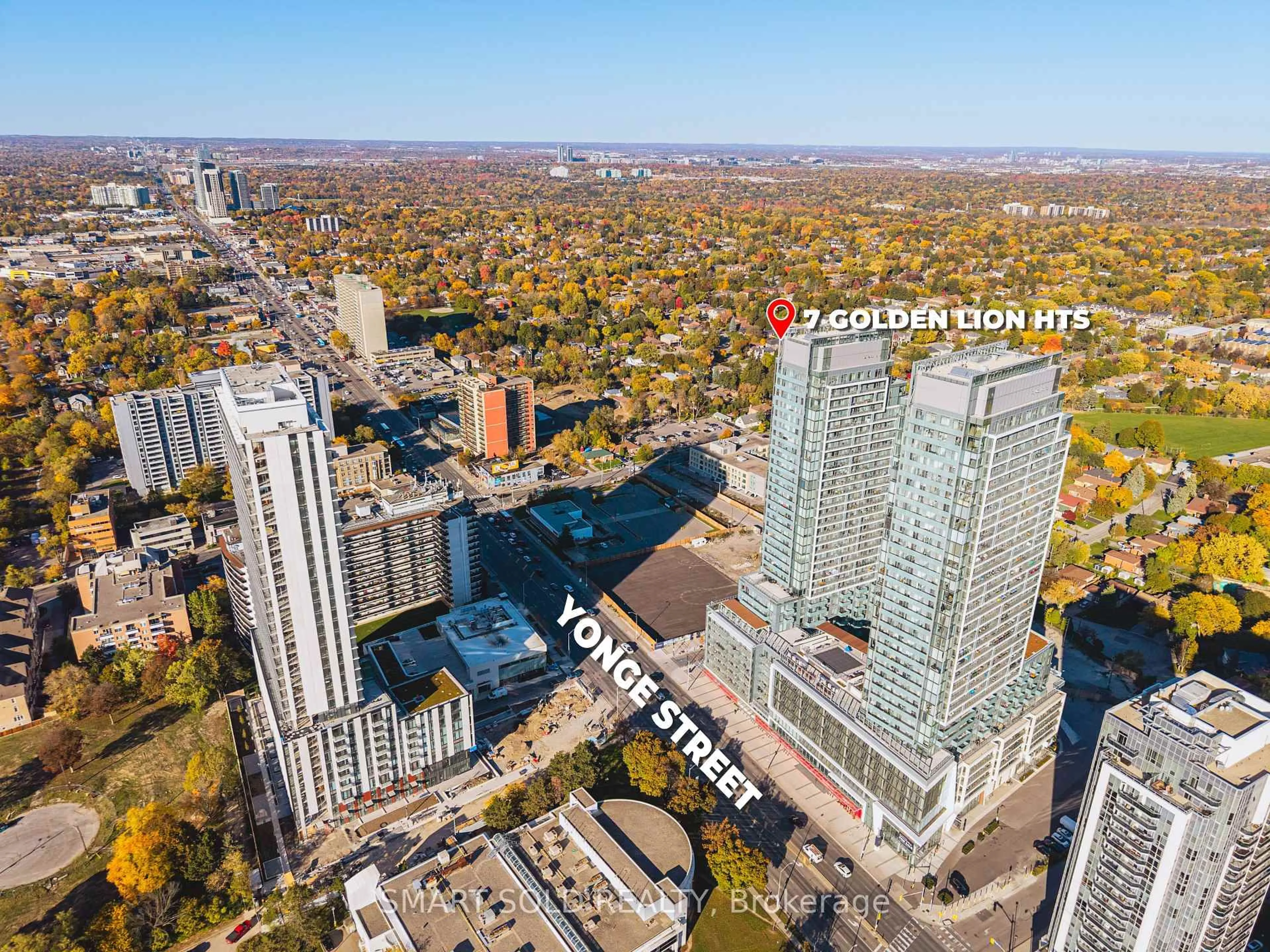A pic from outside/outdoor area/front of a property/back of a property/a pic from drone, city buildings view from balcony for 7 Golden Lion Hts #N2005, Toronto Ontario M2M 0C1