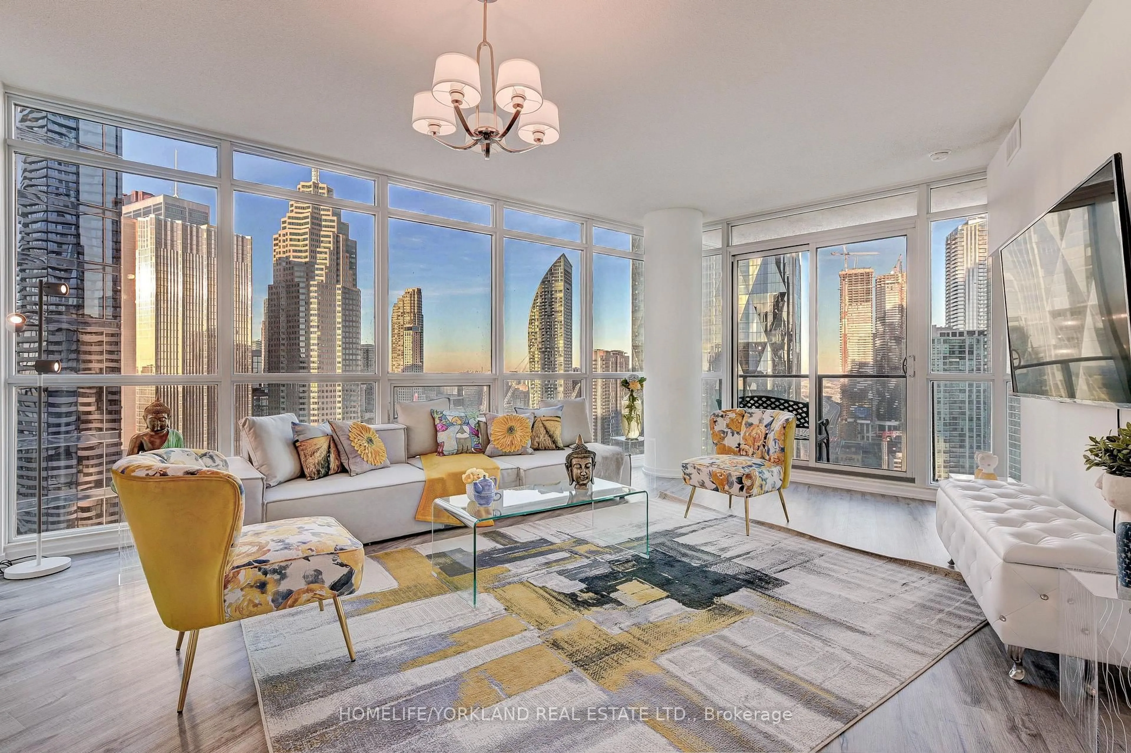 Living room with furniture, carpet floor for 65 Bremner Blvd #3008, Toronto Ontario M5J 0A7