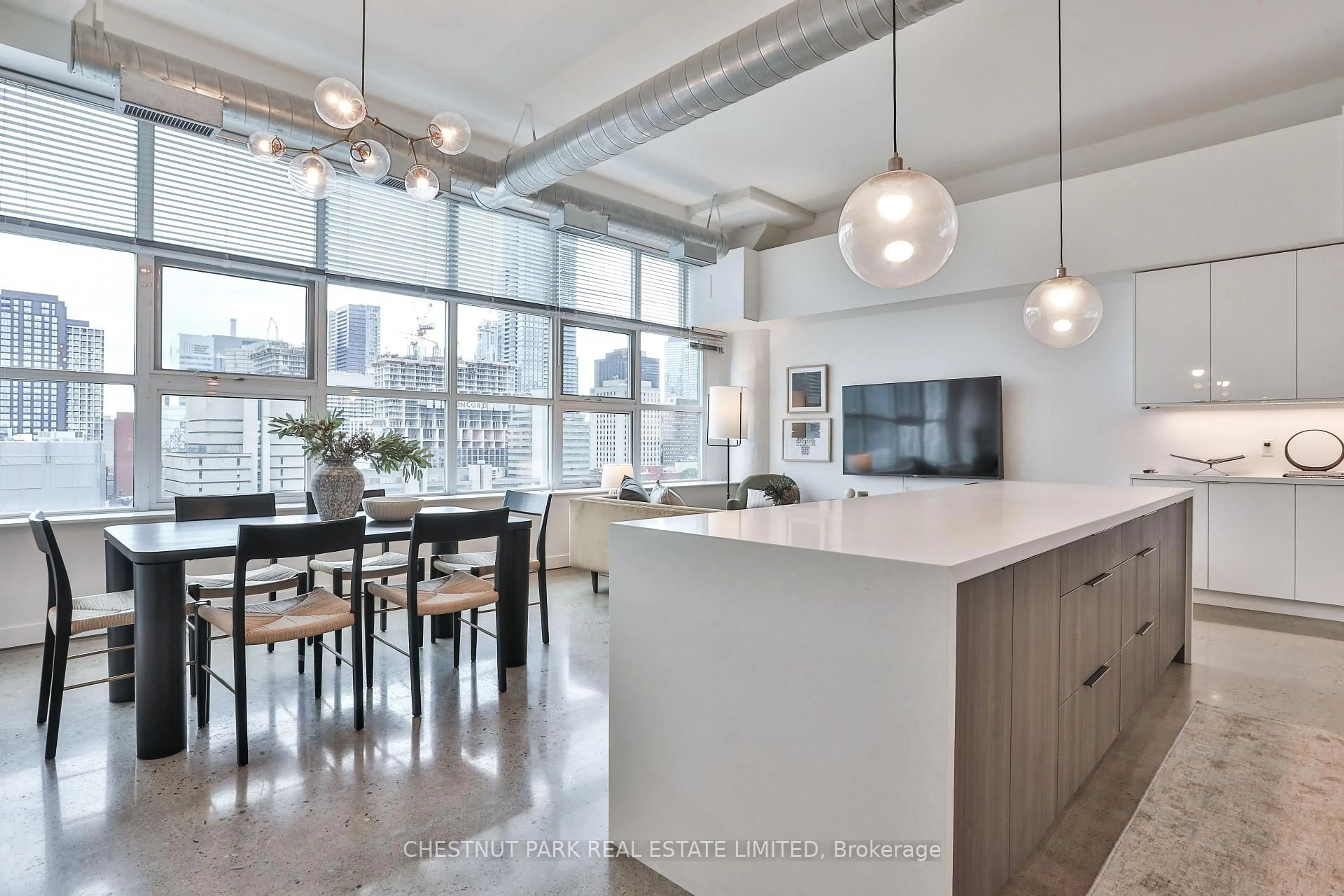 Open concept kitchen, cement floor for 155 Dalhousie St #1013, Toronto Ontario M5B 2P7