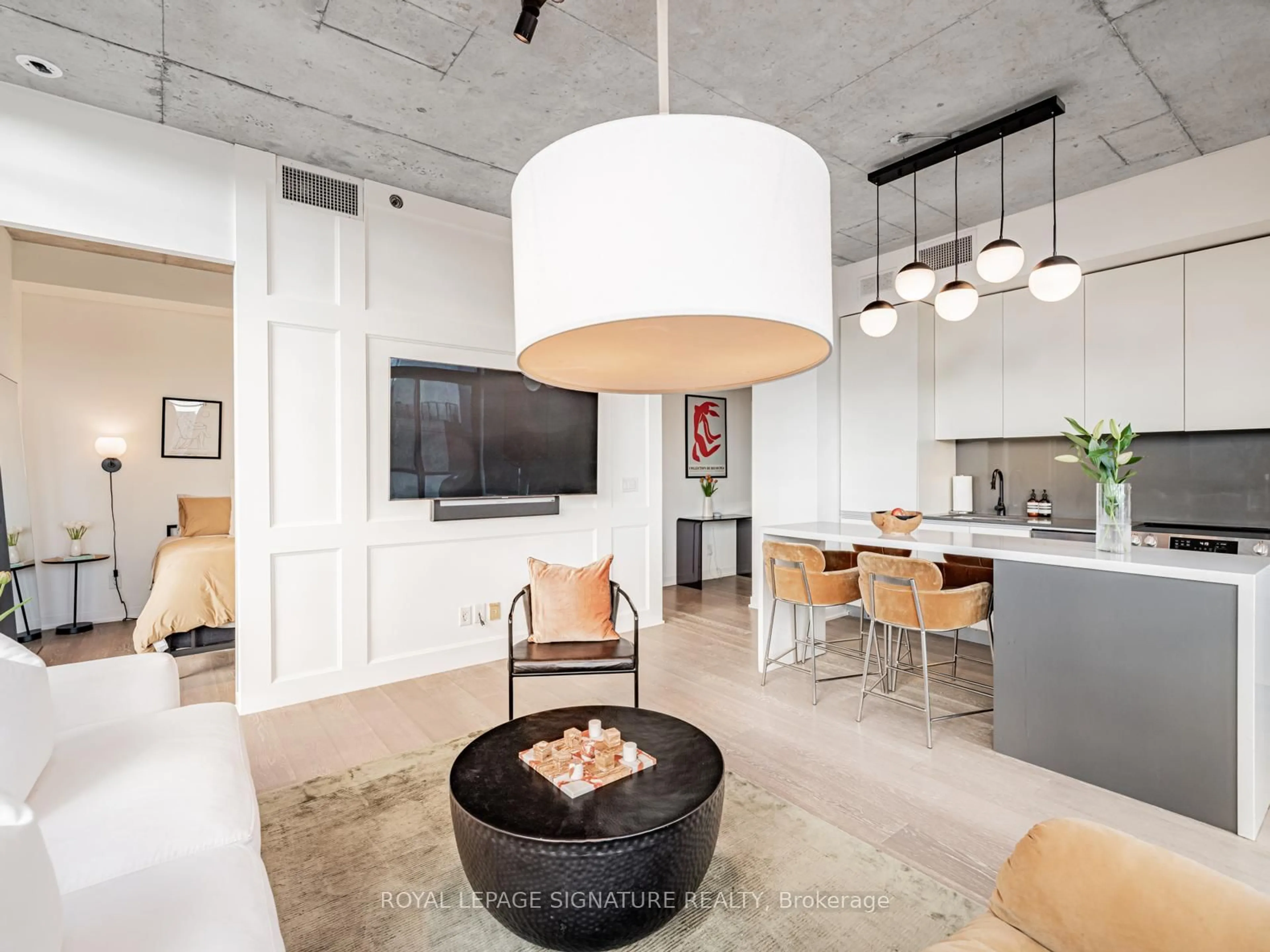 Open concept kitchen, cement floor for 8 Gladstone Ave #514, Toronto Ontario M6J 0B3