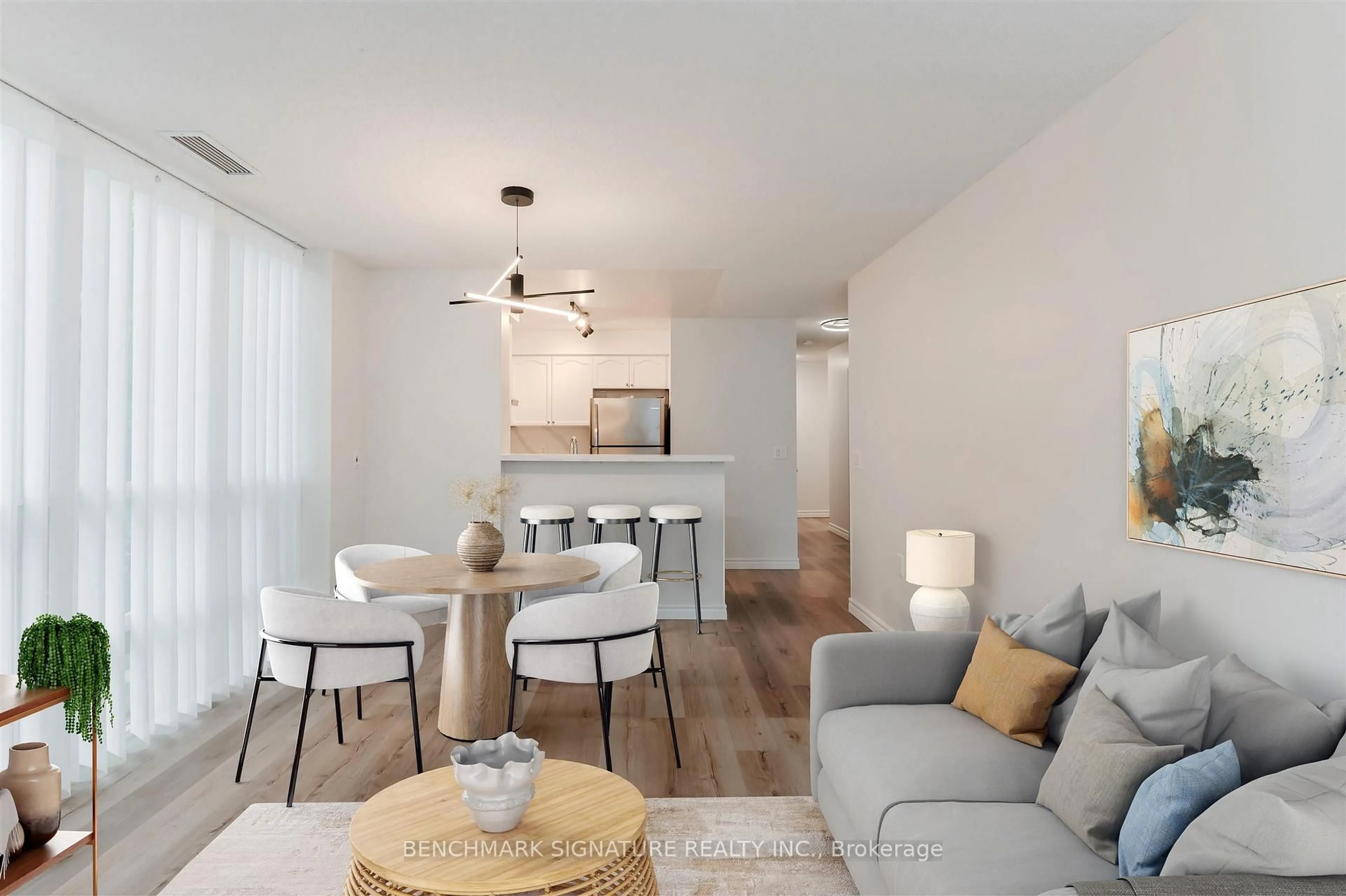 Living room with furniture, wood/laminate floor for 20 Olive Ave #201, Toronto Ontario M2N 7G5