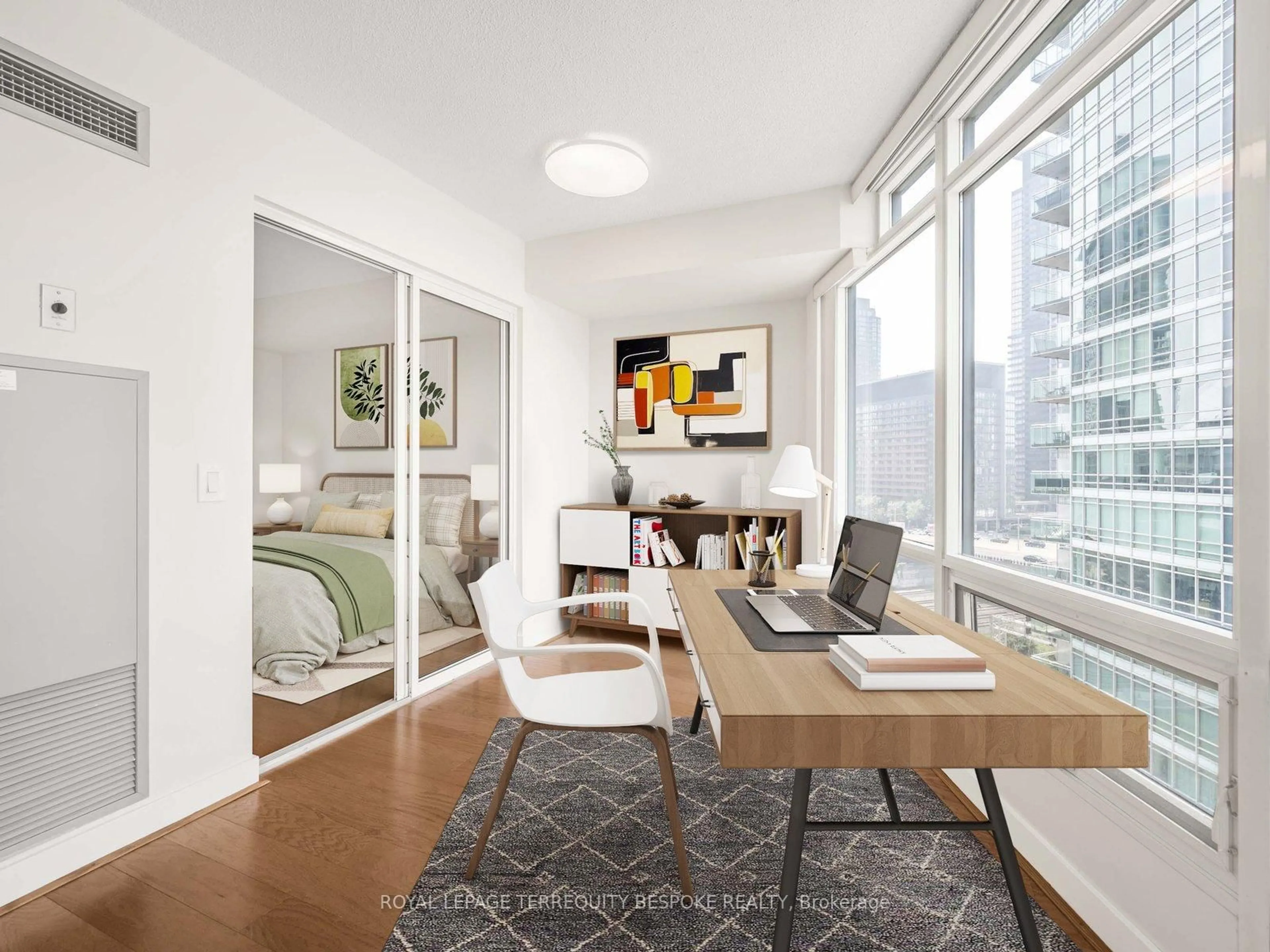 Living room with furniture, wood/laminate floor for 373 Front St #1002, Toronto Ontario M5V 3R7