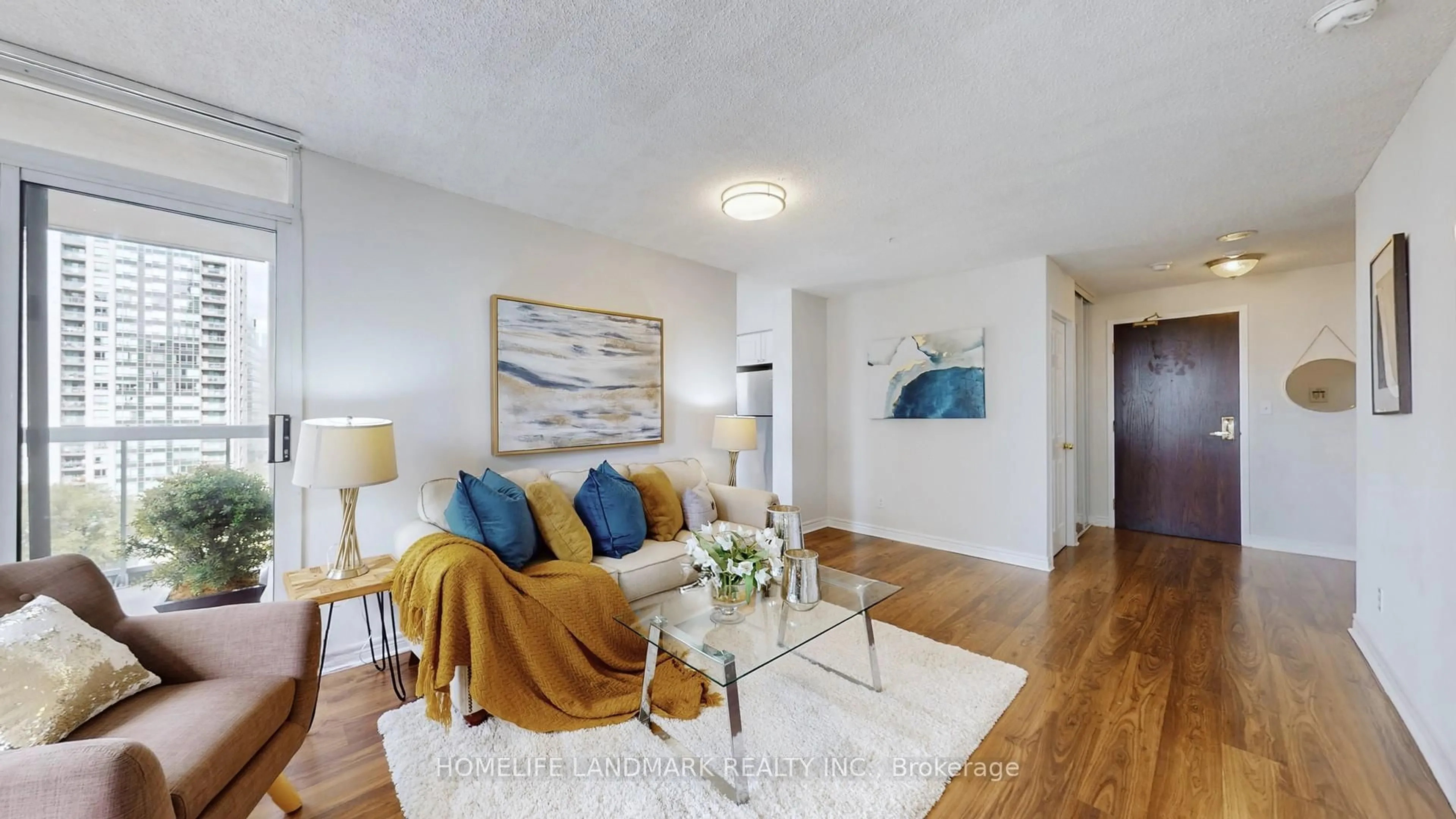 Living room with furniture, wood/laminate floor for 28 Empress Ave #1103, Toronto Ontario M2N 6Z7