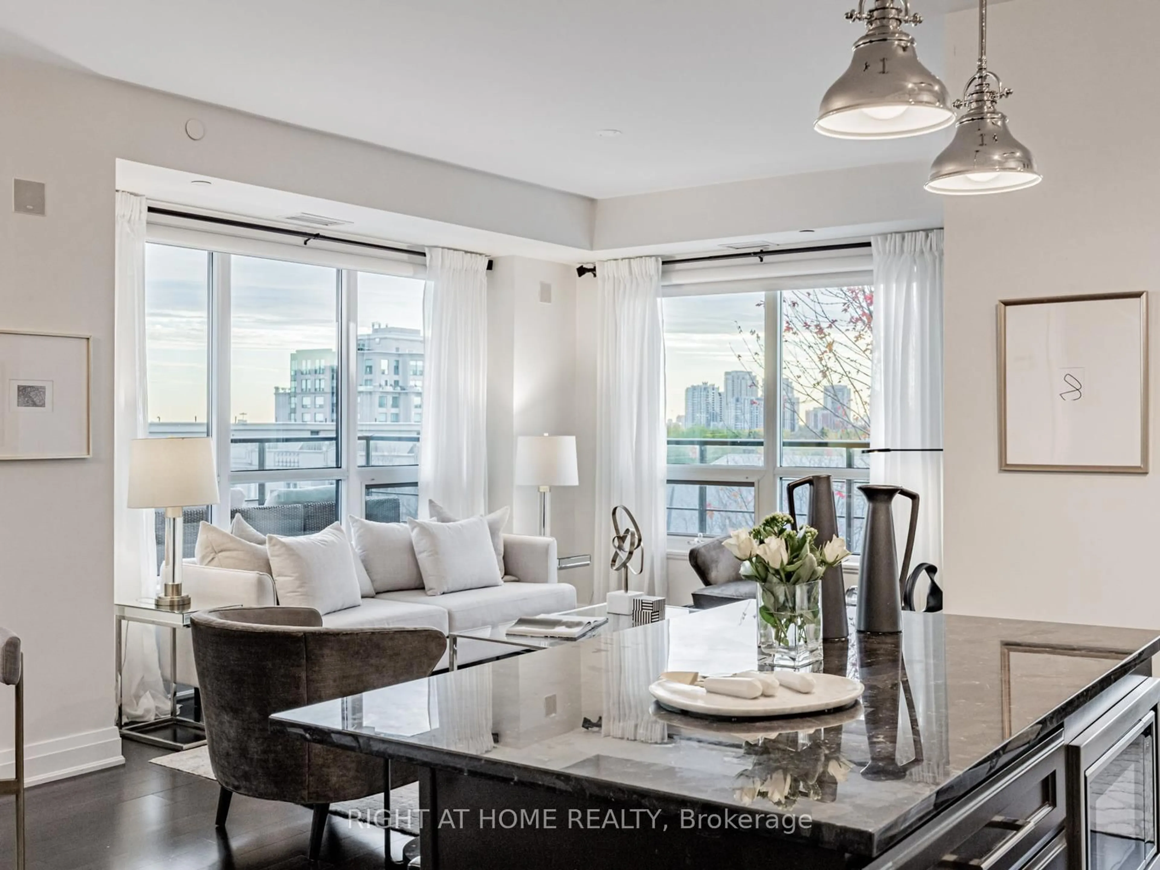 Living room with furniture, ceramic/tile floor for 21 Clairtrell Rd #405, Toronto Ontario M2N 0G8