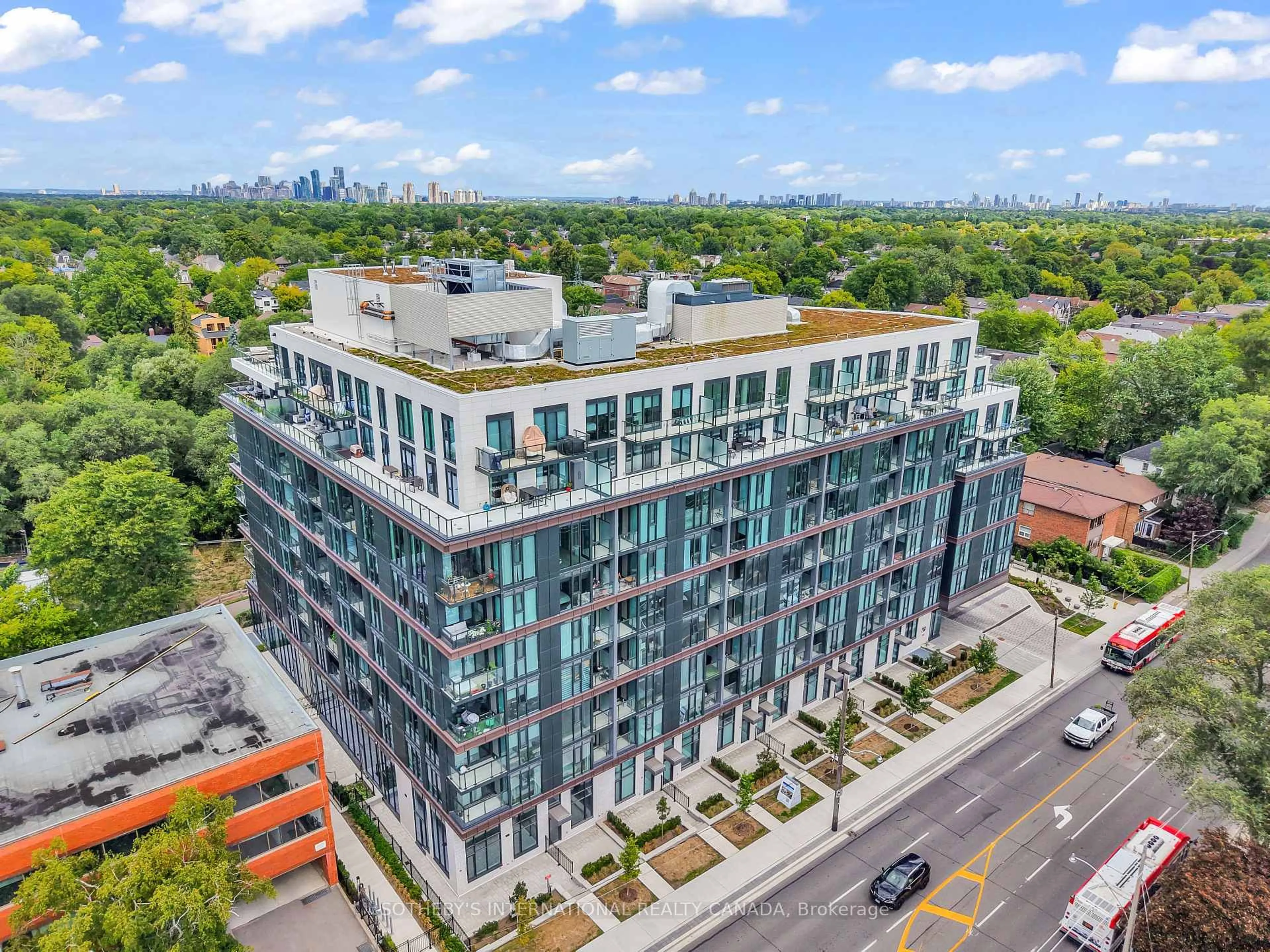 A pic from outside/outdoor area/front of a property/back of a property/a pic from drone, city buildings view from balcony for 250 Lawrence Ave #505, Toronto Ontario M5M 1B1
