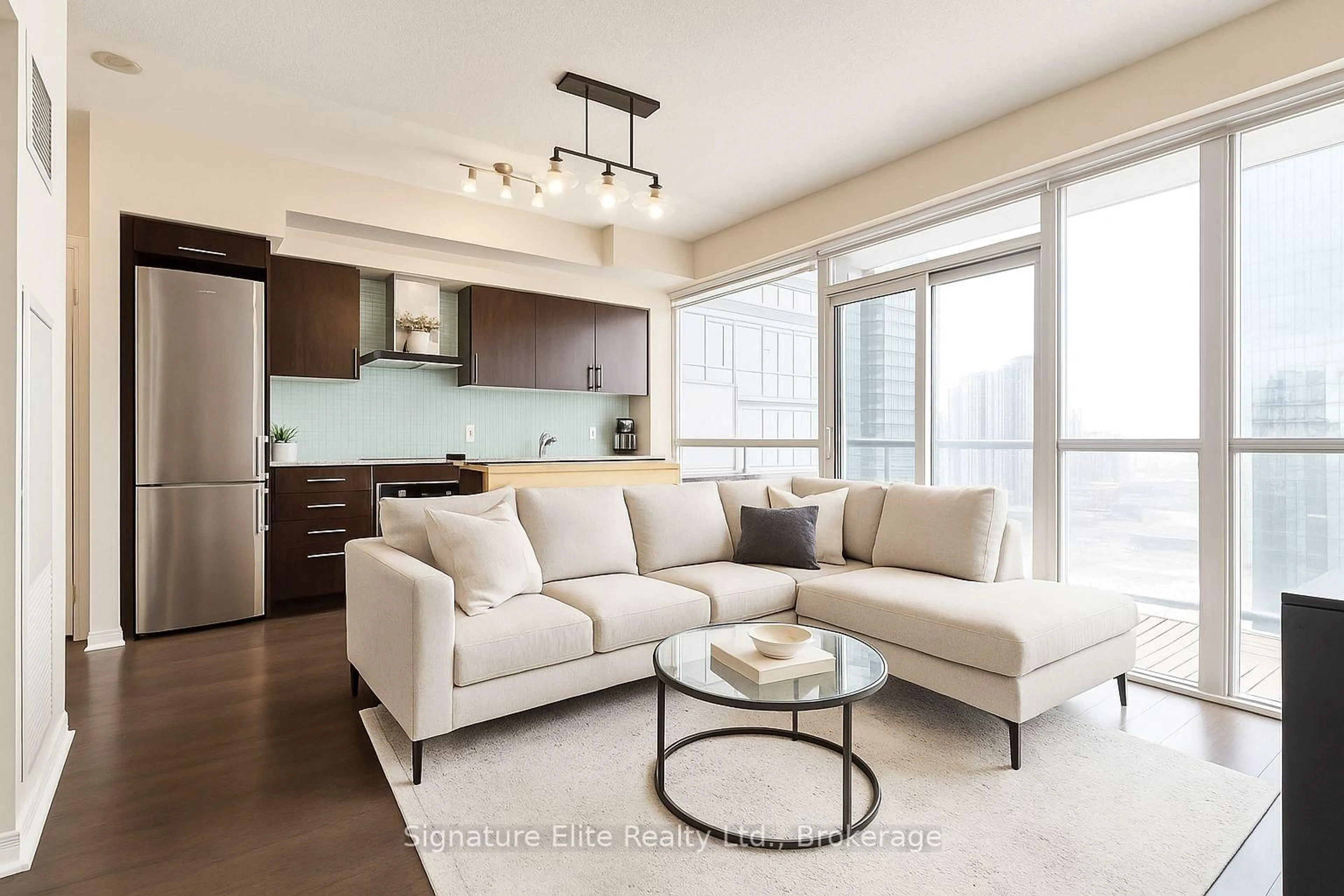 Living room with furniture, wood/laminate floor for 352 Front St #2214, Toronto Ontario M5V 0K3