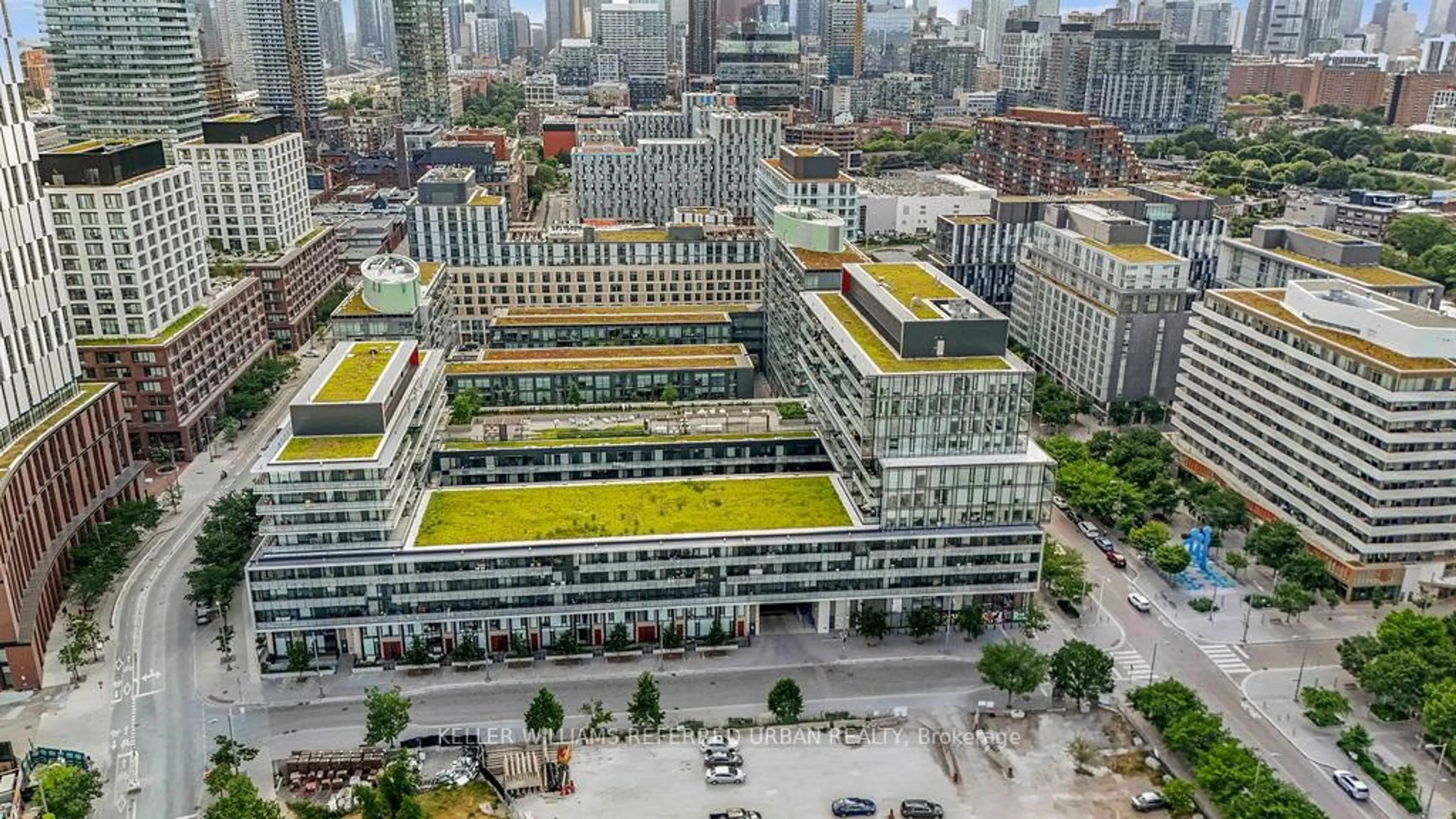 A pic from outside/outdoor area/front of a property/back of a property/a pic from drone, city buildings view from balcony for 35 Rolling Mills Rd #N609, Toronto Ontario M5V 0V6