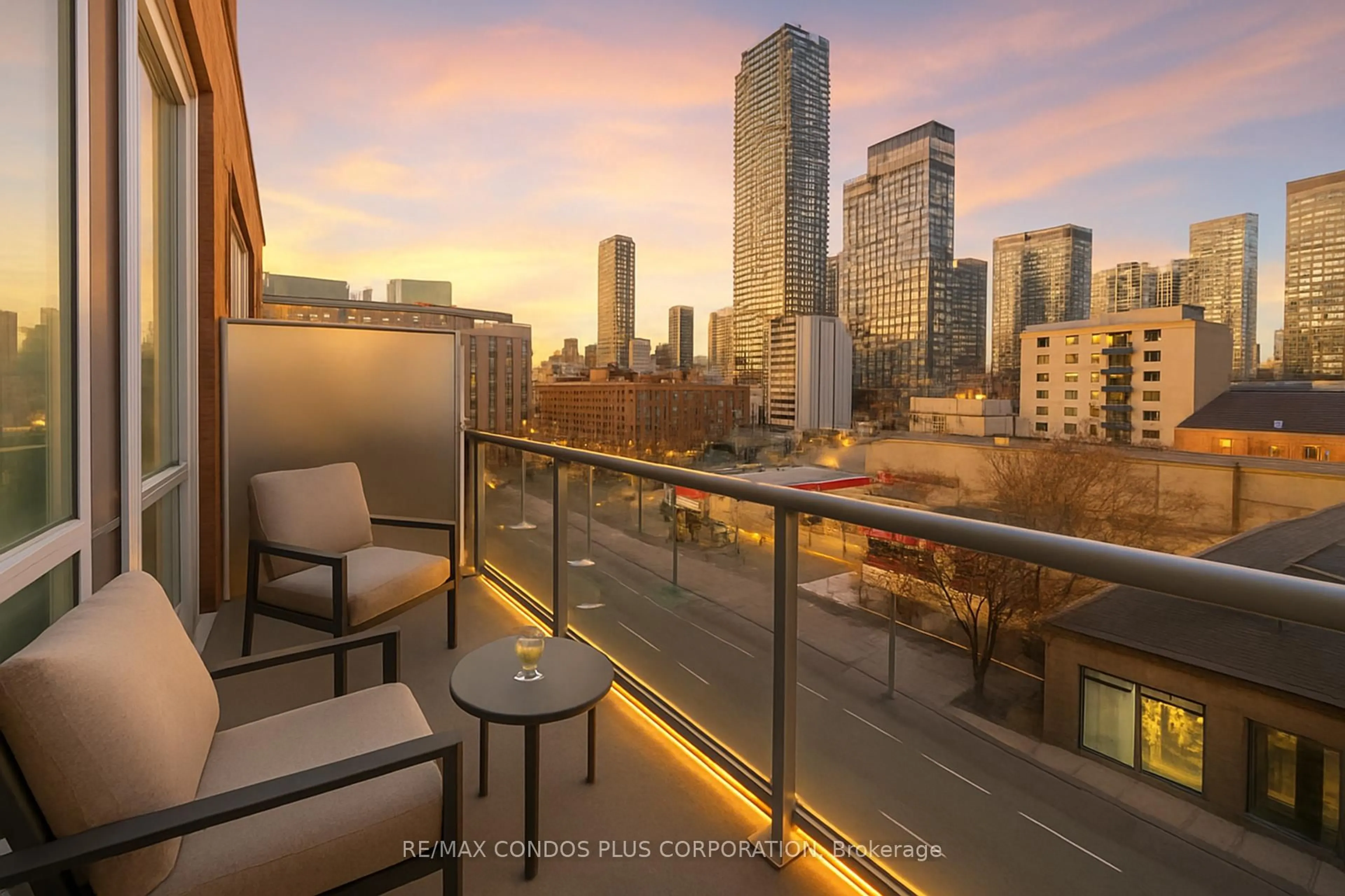 Balcony in the apartment, city buildings view from balcony for 116 George St #N507, Toronto Ontario M5A 3S9