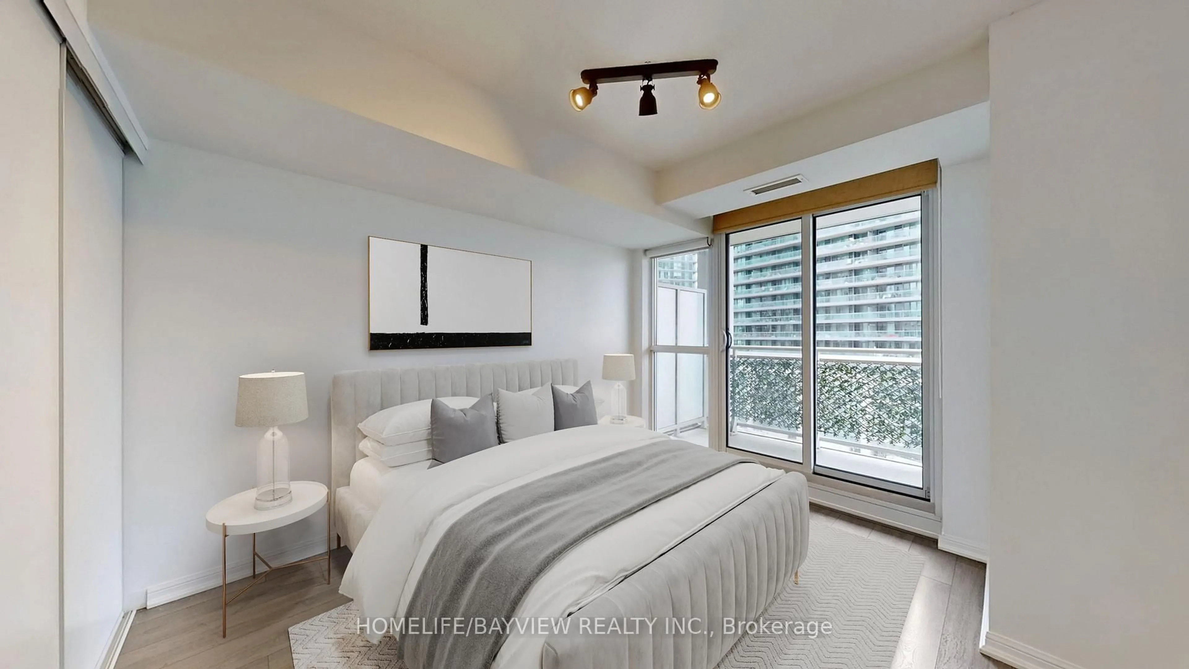 Bedroom with bed, wood/laminate floor for 35 Bastion St #1115, Toronto Ontario M5V 0C2