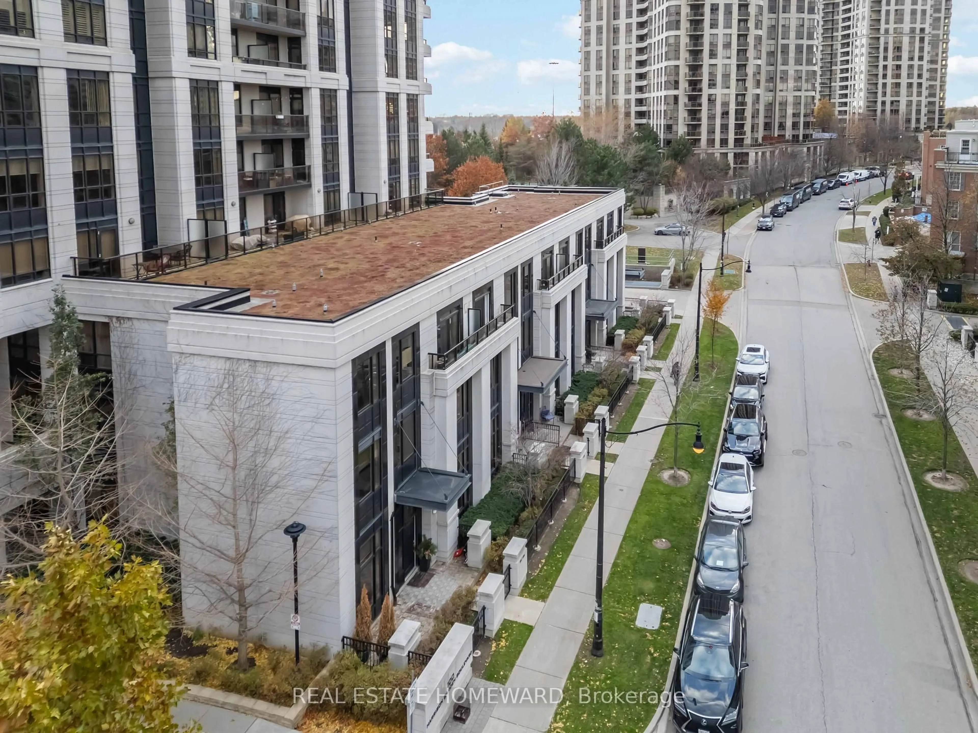 A pic from outside/outdoor area/front of a property/back of a property/a pic from drone, city buildings view from balcony for 100 Harrison Gdns #308, Toronto Ontario M2N 0C2