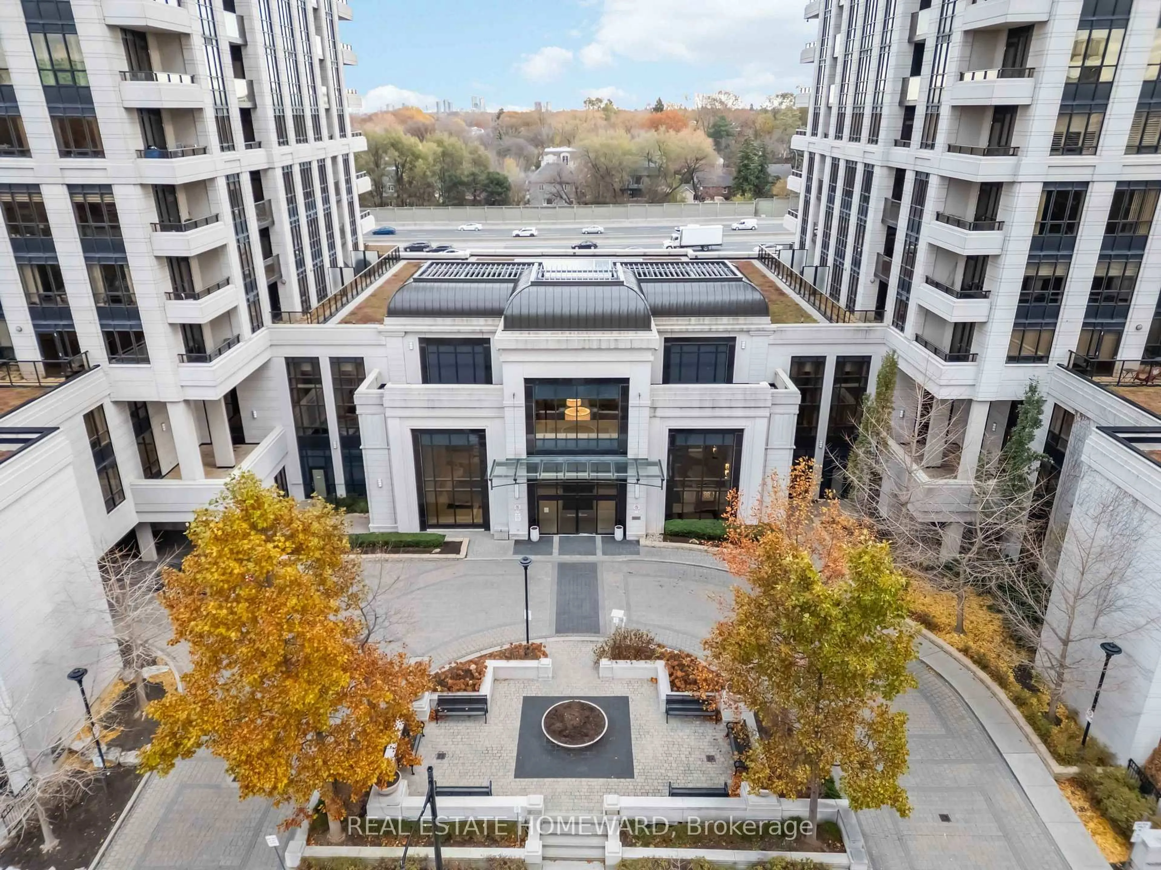 A pic from outside/outdoor area/front of a property/back of a property/a pic from drone, city buildings view from balcony for 100 Harrison Gdns #308, Toronto Ontario M2N 0C2