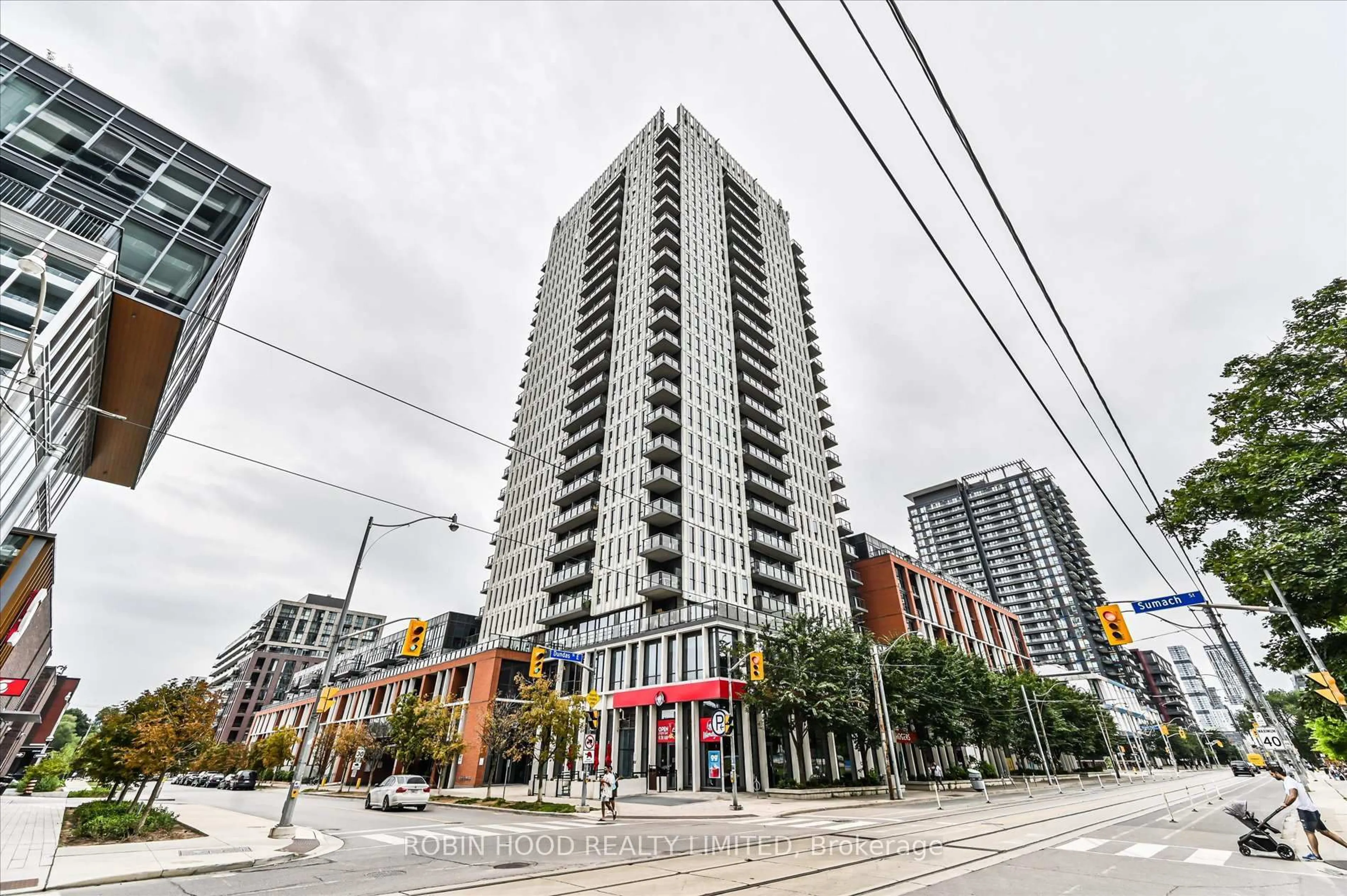Patio, city buildings view from balcony for 170 Sumach St #2303, Toronto Ontario M5A 0C3