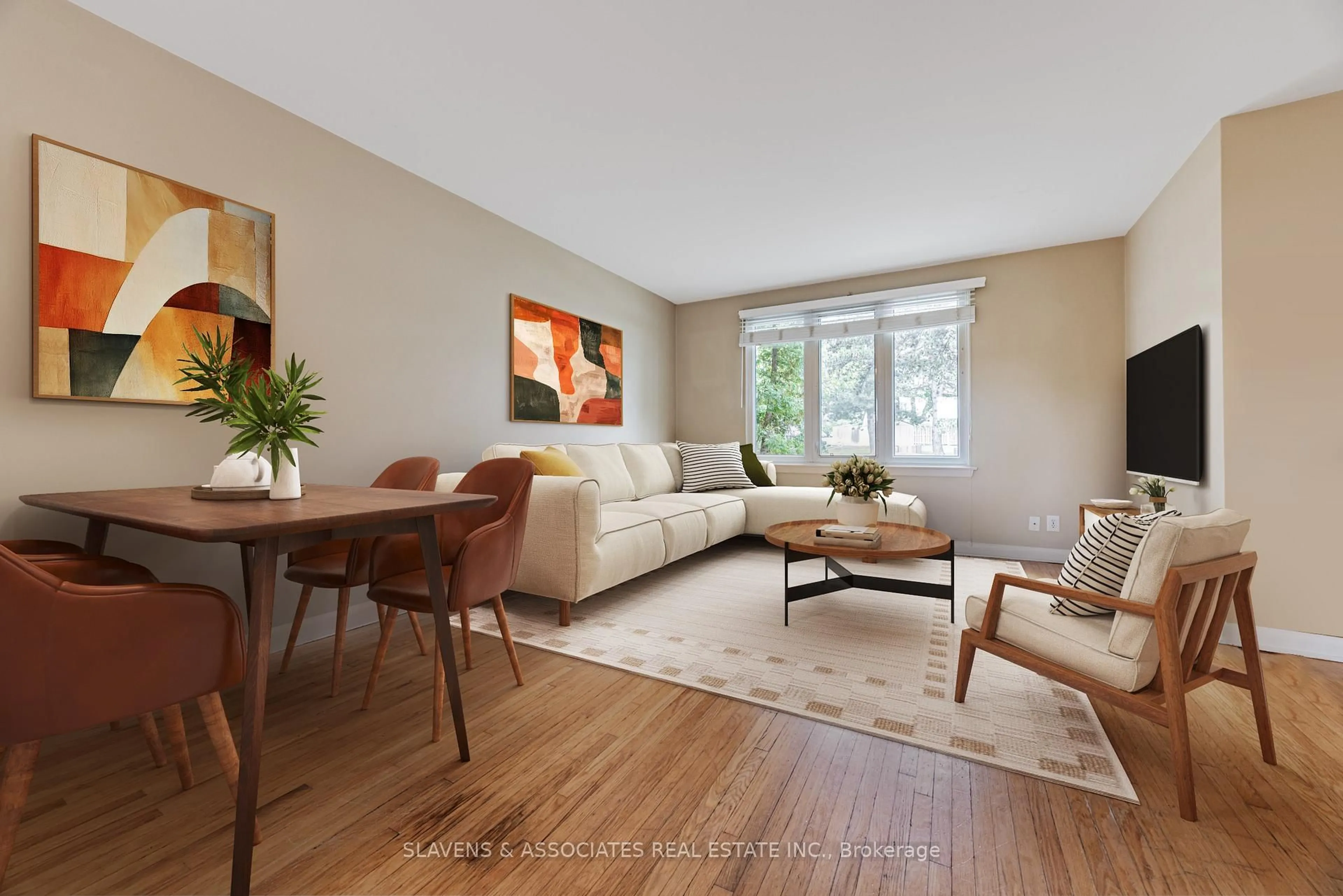 Living room with furniture, wood/laminate floor for 4 Burdock Lane, Toronto Ontario M3C 2G5