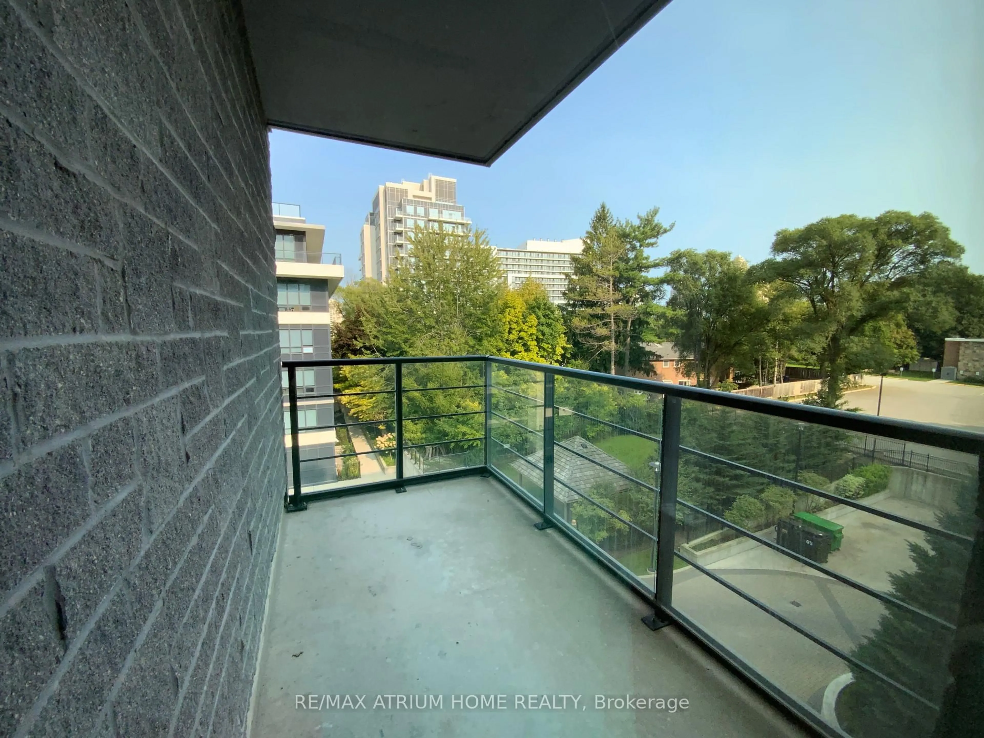 Balcony in the apartment, city buildings view from balcony for 21 Clairtrell Rd #418, Toronto Ontario M2N 5J7