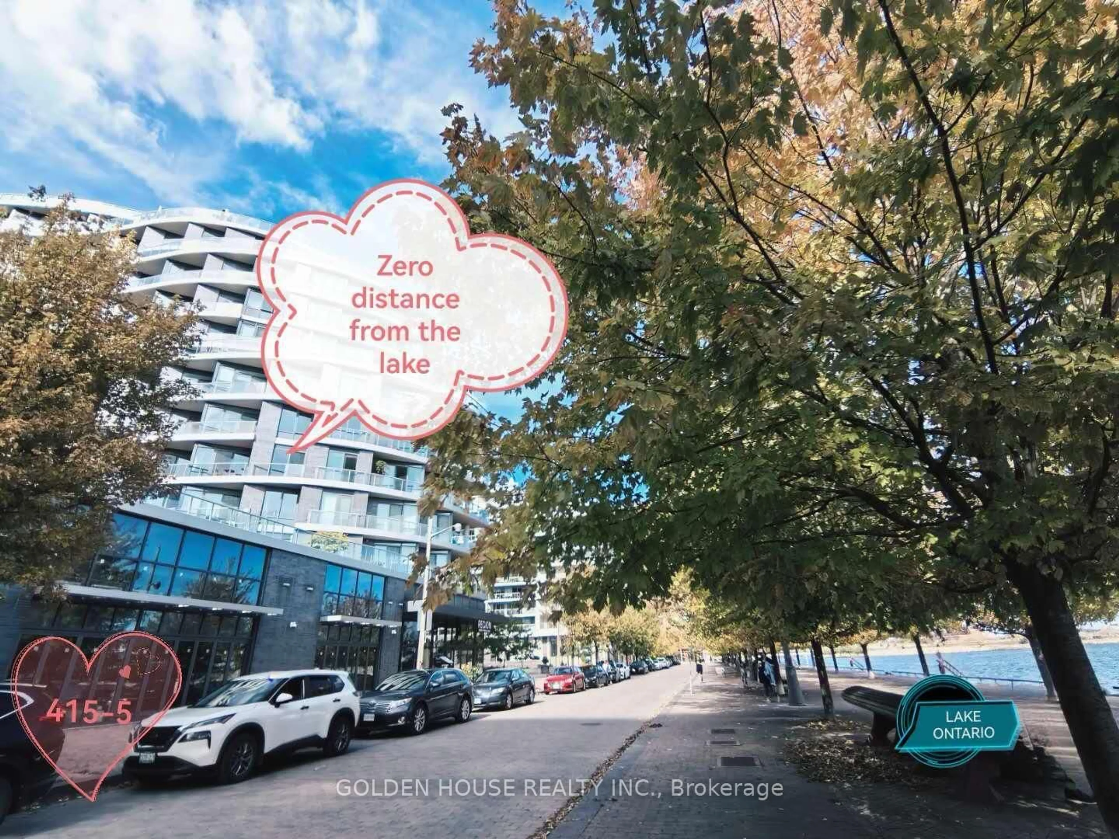 A pic from outside/outdoor area/front of a property/back of a property/a pic from drone, street for 1 Edgewater Dr #415, Toronto Ontario M5A 0L1