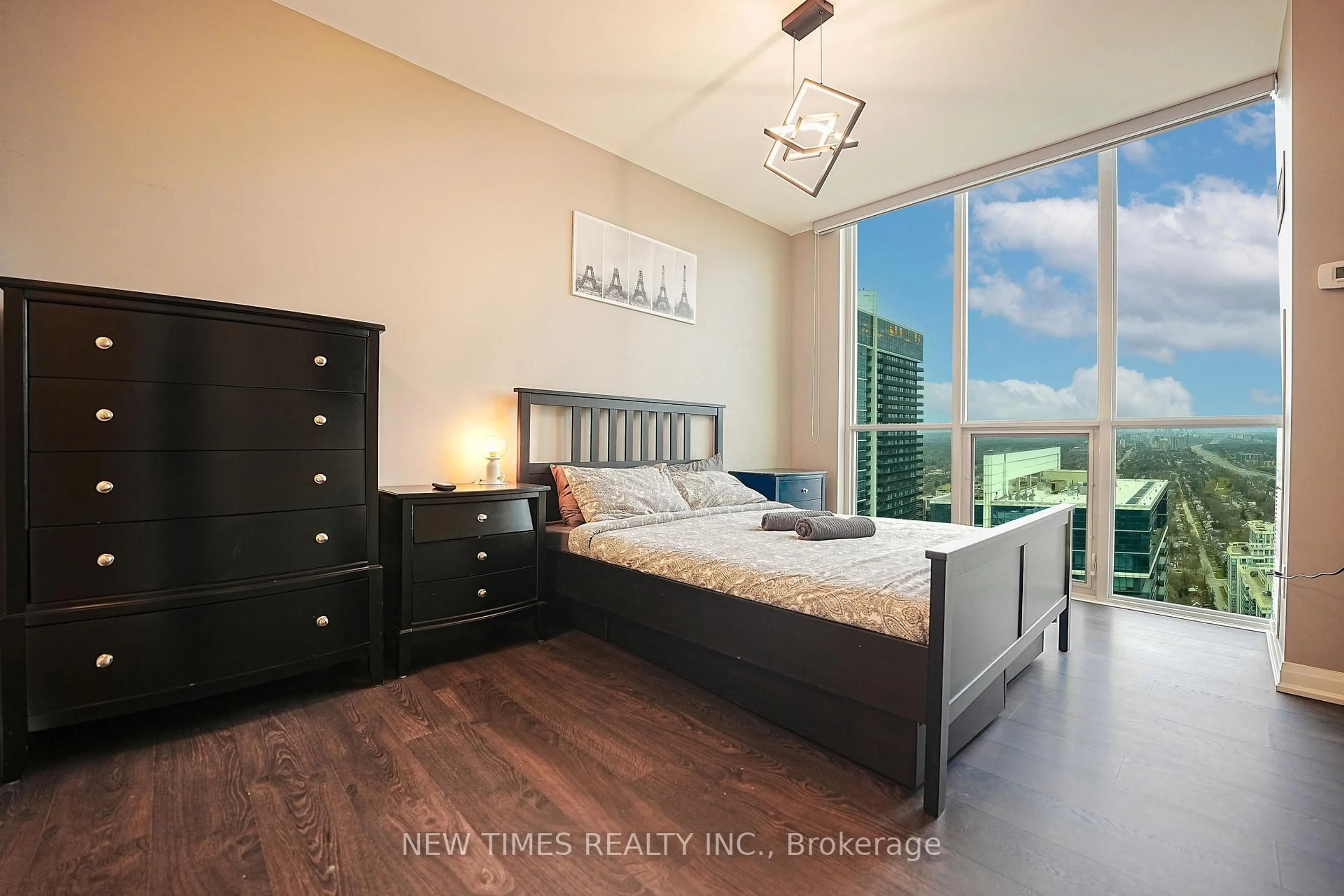 Bedroom with bed, wood/laminate floor for 9 Bogert Ave #4202, Toronto Ontario M2N 0H3