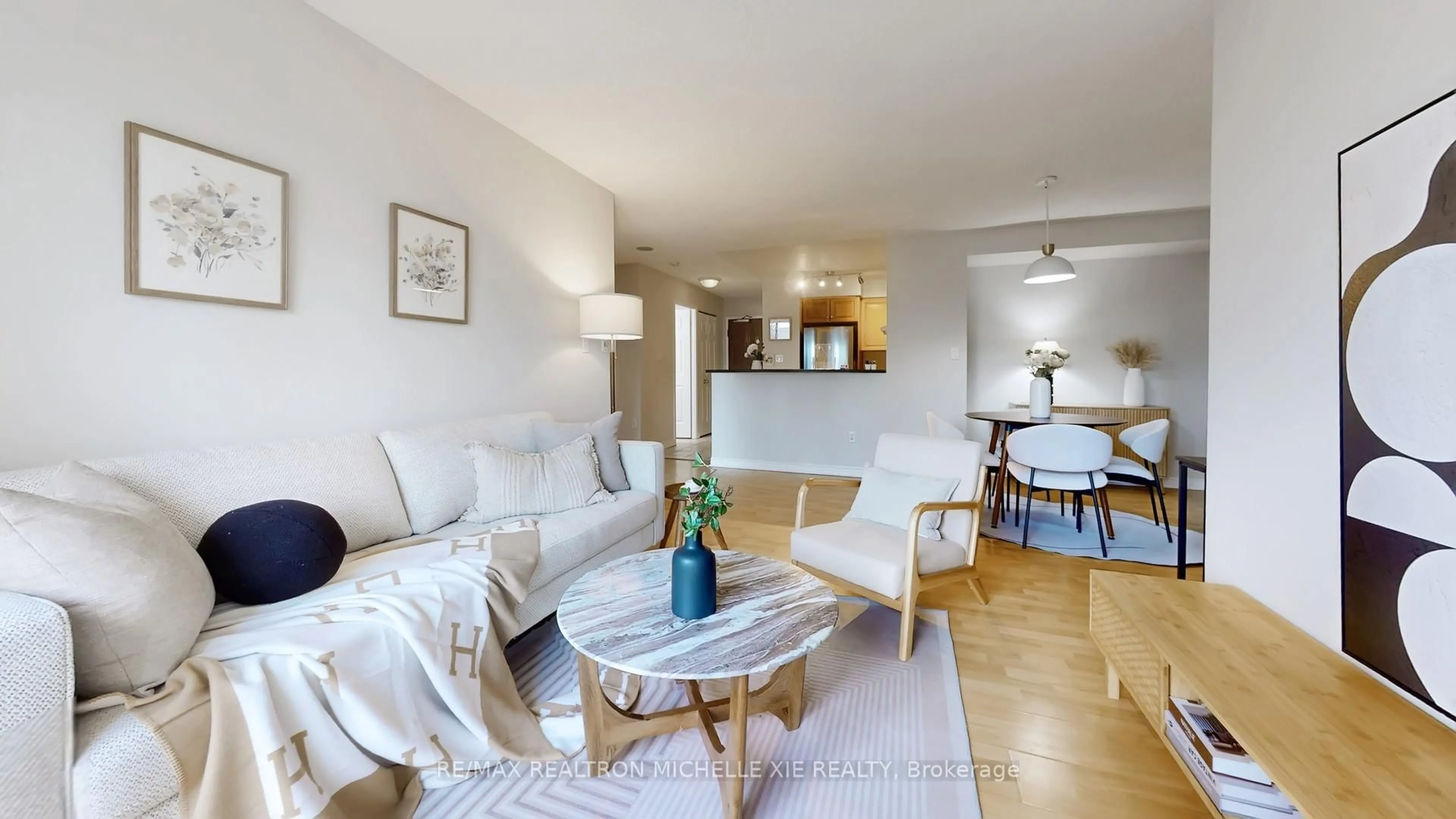 Living room with furniture, wood/laminate floor for 7 Lorraine Dr #301, Toronto Ontario M2N 7H2