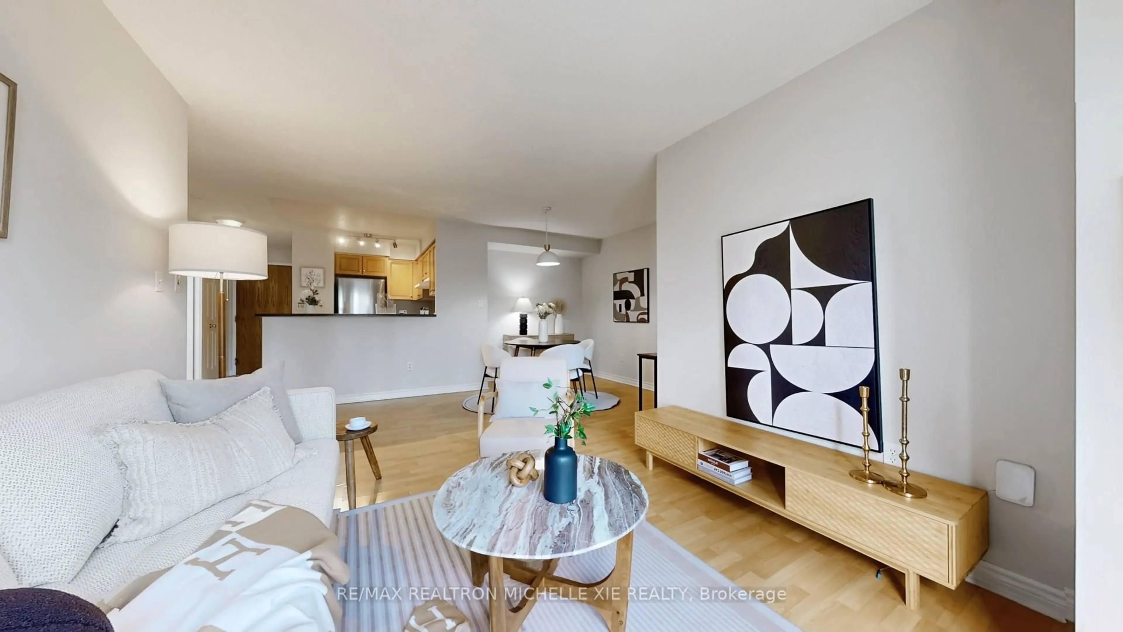 Living room with furniture, wood/laminate floor for 7 Lorraine Dr #301, Toronto Ontario M2N 7H2