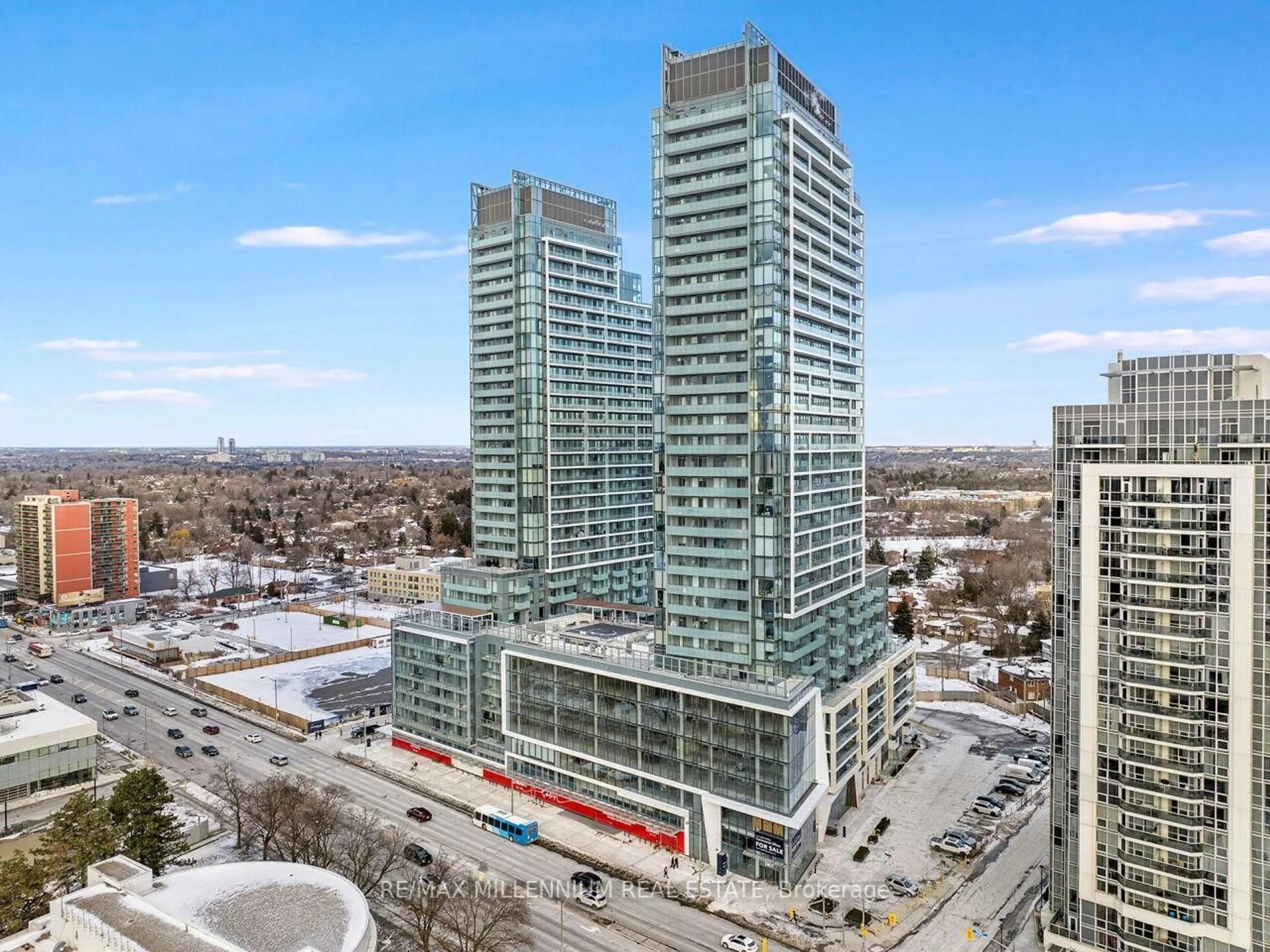 A pic from outside/outdoor area/front of a property/back of a property/a pic from drone, city buildings view from balcony for 8 Olympic Garden Dr #906, Toronto Ontario M2M 0B9
