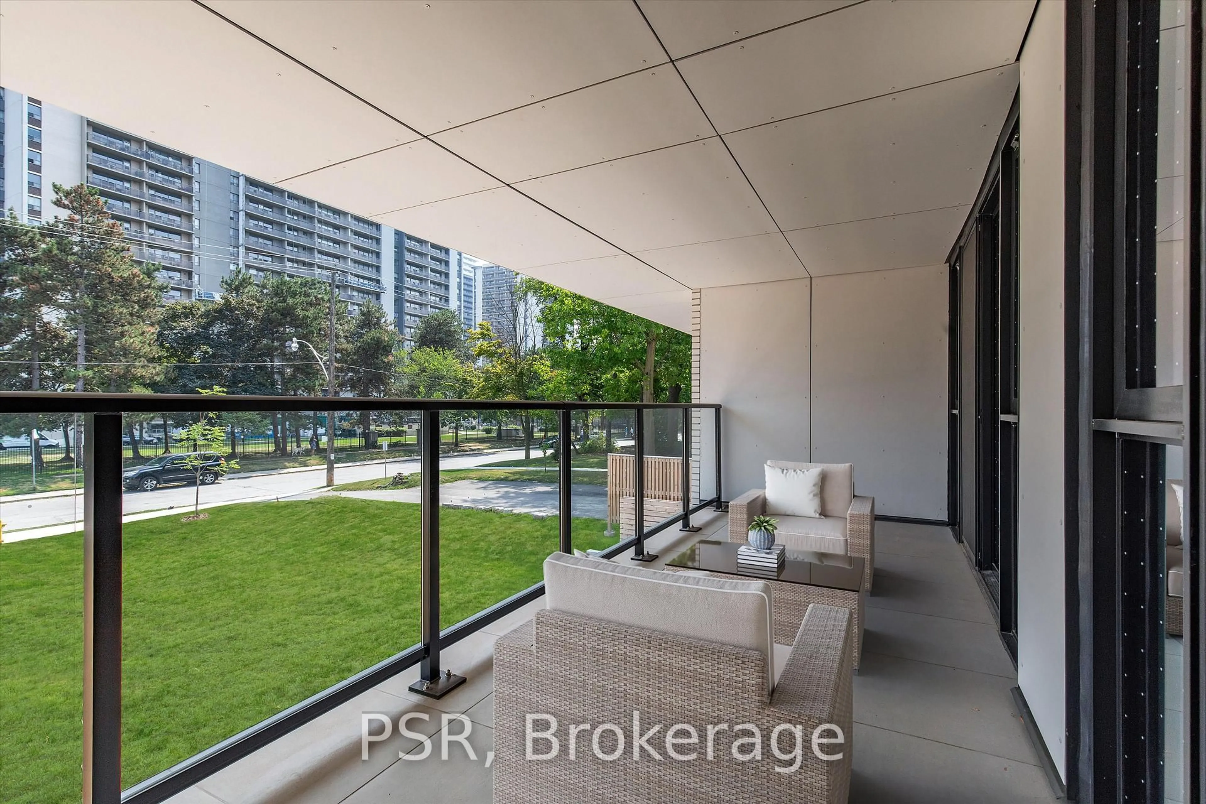 Patio, city buildings view from balcony for 200 keewatin Ave #208, Toronto Ontario M4P 1Z8