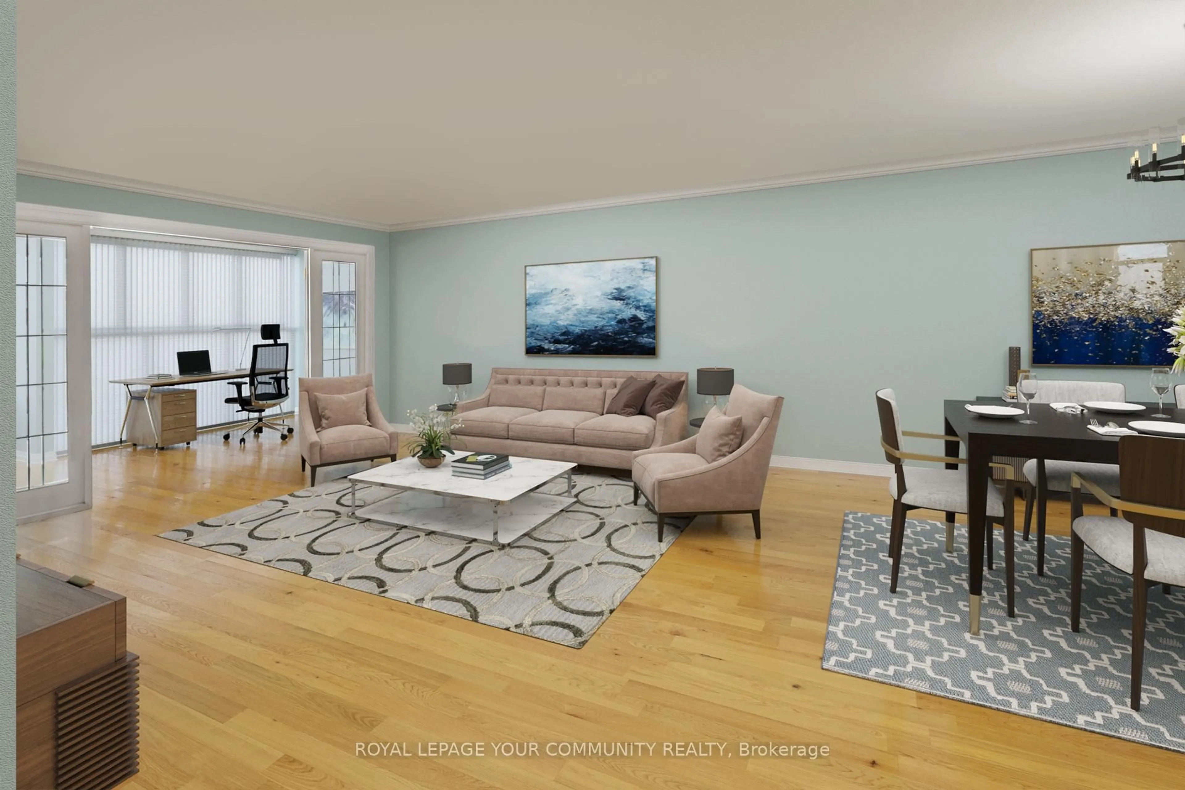 Living room with furniture, wood/laminate floor for 65 Scadding Ave #208, Toronto Ontario M5A 4L1