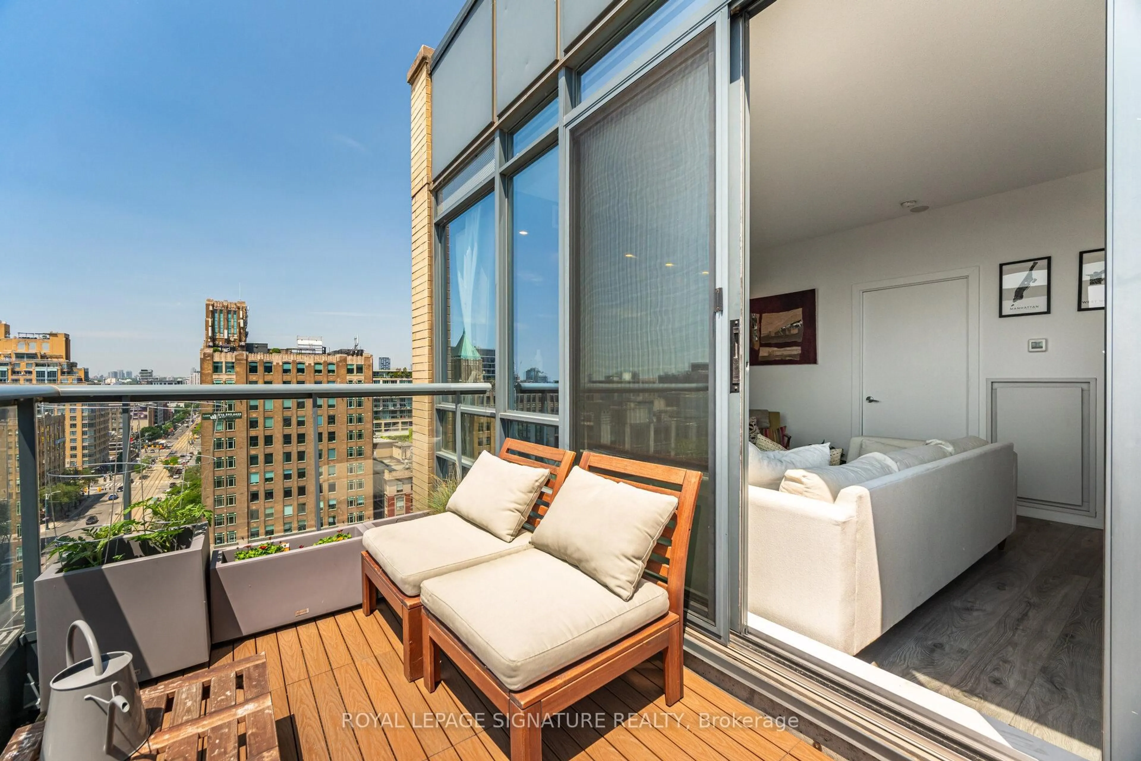 Balcony in the apartment, city buildings view from balcony for 438 King St #1405, Toronto Ontario M5V 3T9