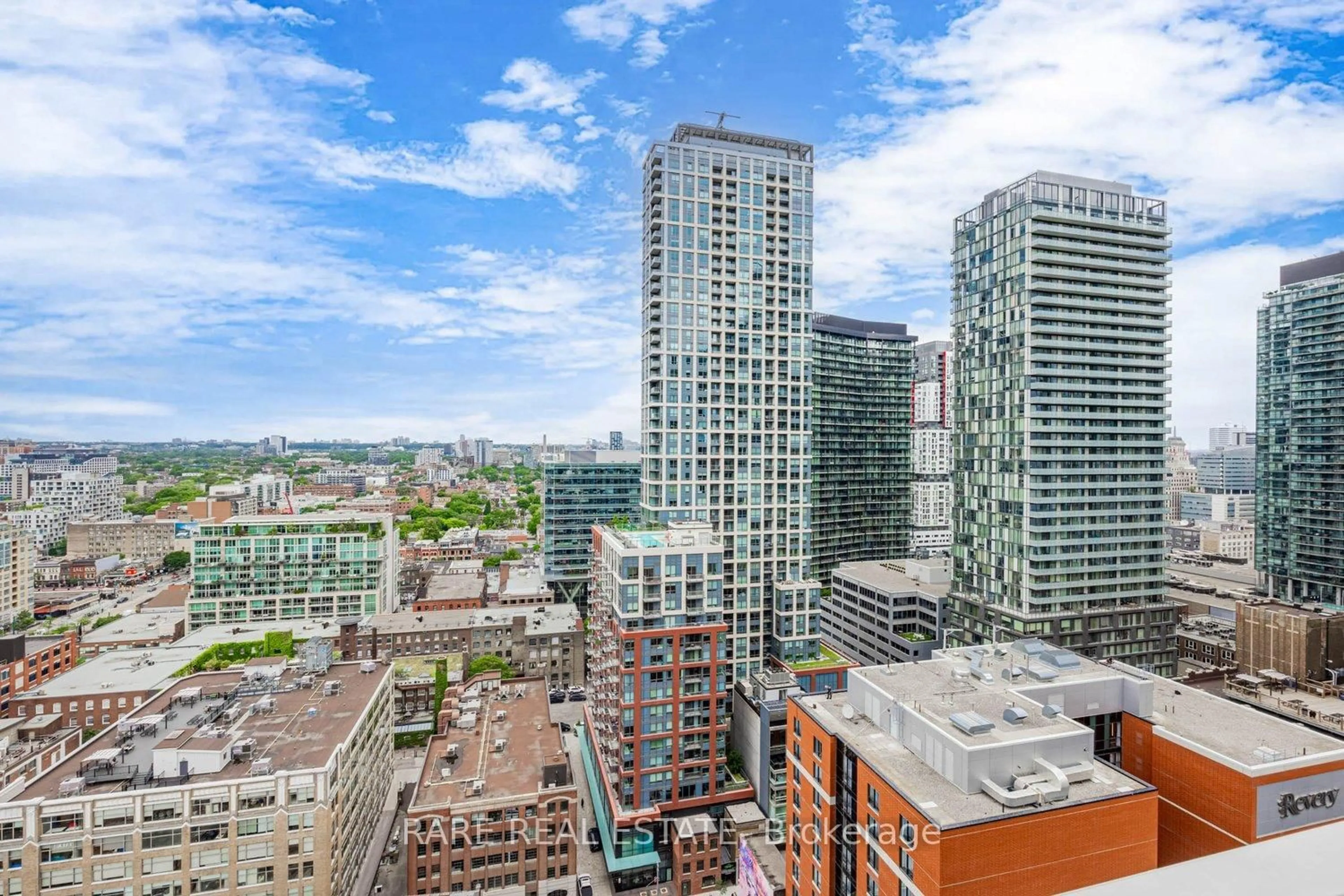 Patio, city buildings view from balcony for 11 Charlotte St #2404, Toronto Ontario M5V 0M6