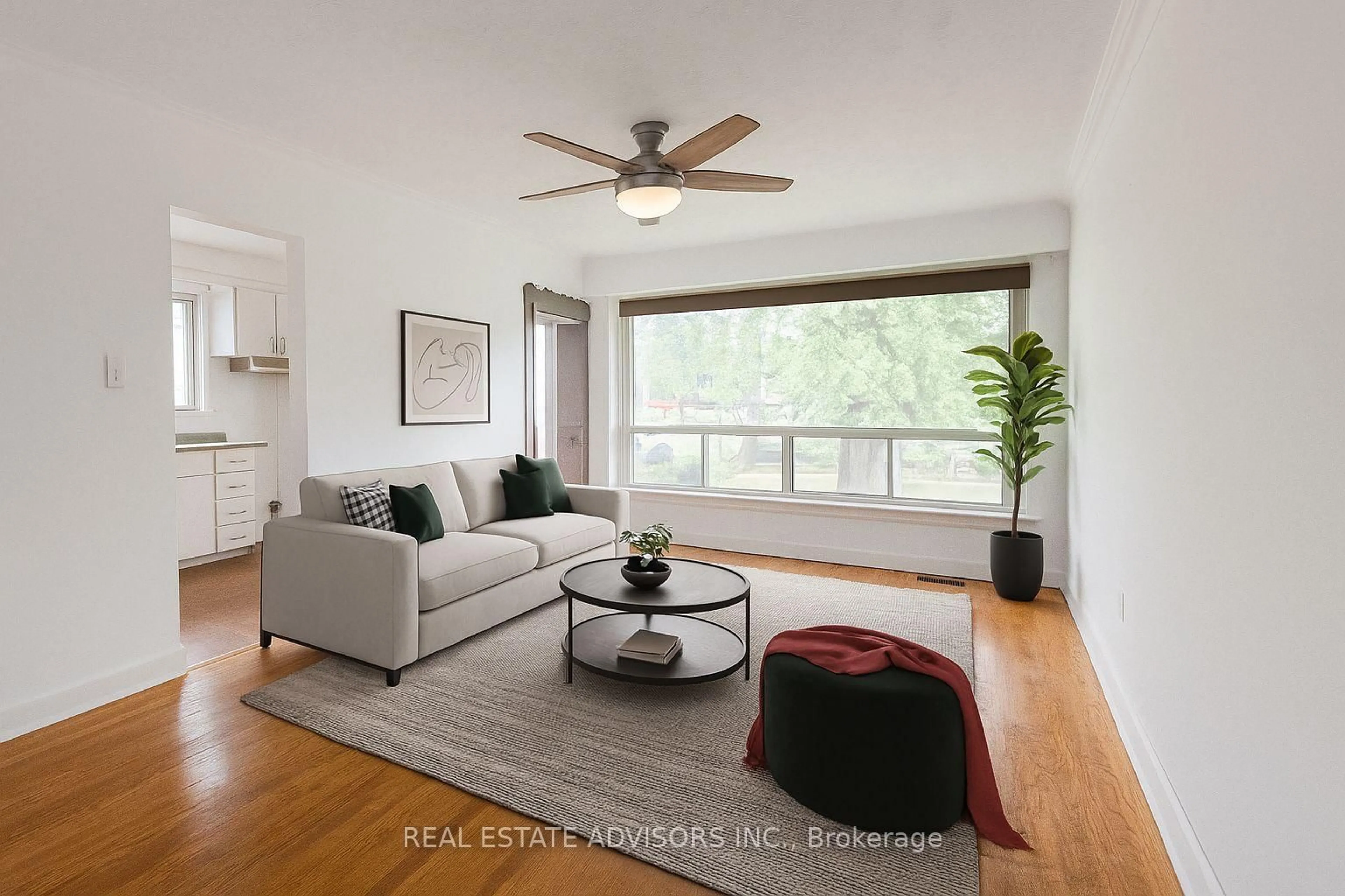 Living room with furniture, wood/laminate floor for 8 Virgilwood Dr, Toronto Ontario M2R 2B1